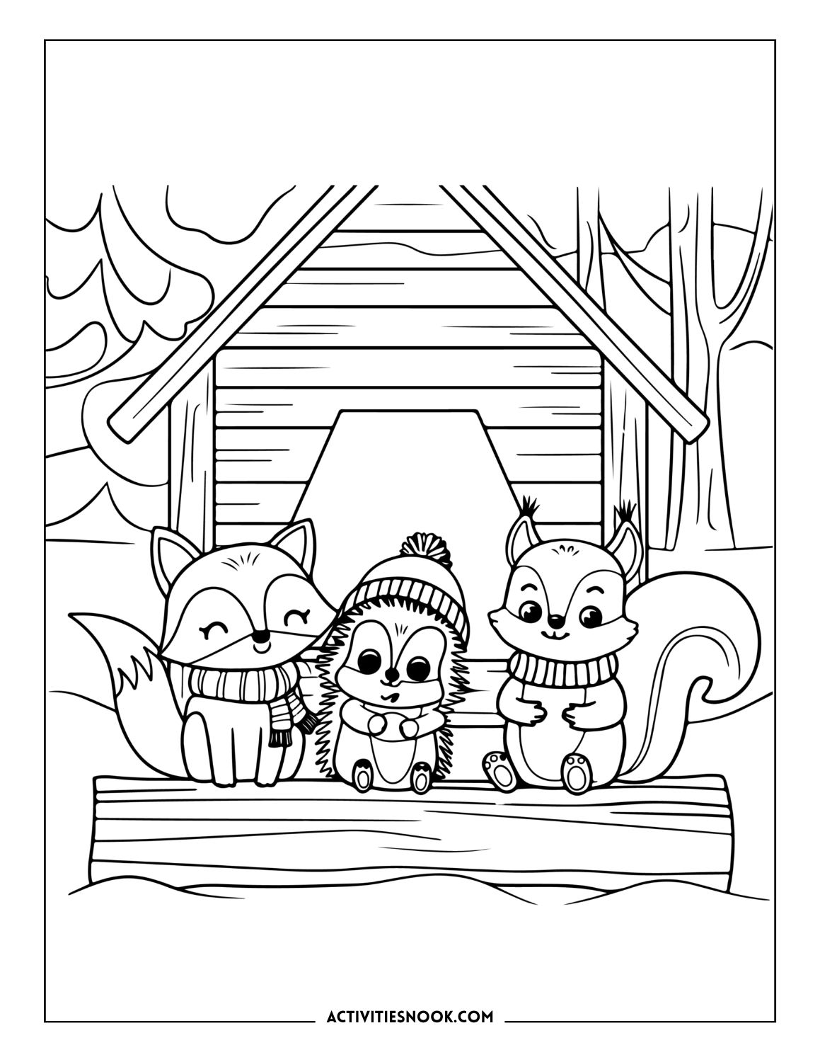 Winter animals coloring page: Cute fox, hedgehog, and squirrel wearing warm scarves and hats, sitting in the snow under a small cabin.