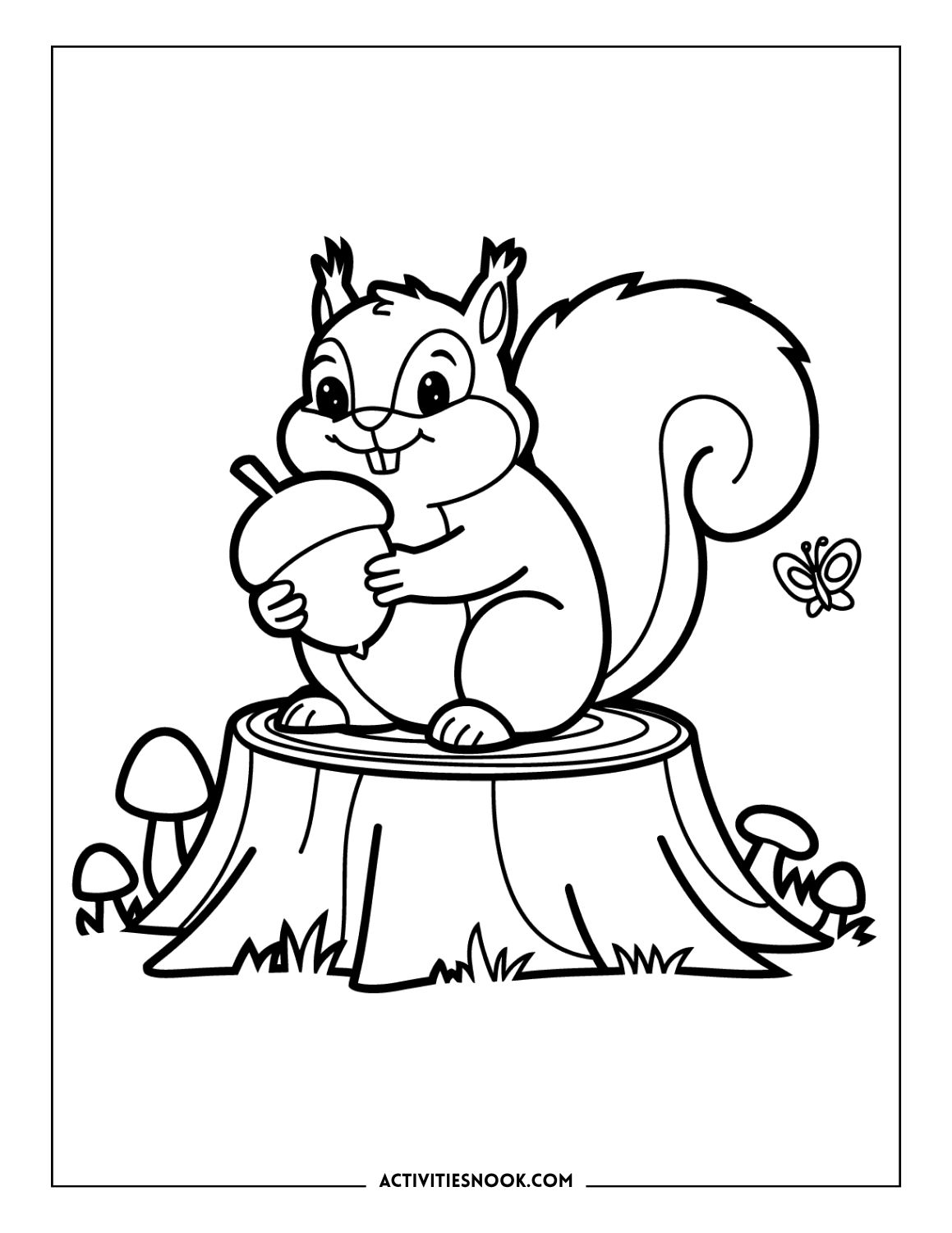 Forest squirrel coloring page: Cute squirrel holding an acorn while sitting on a large tree stump surrounded by wild mushrooms.