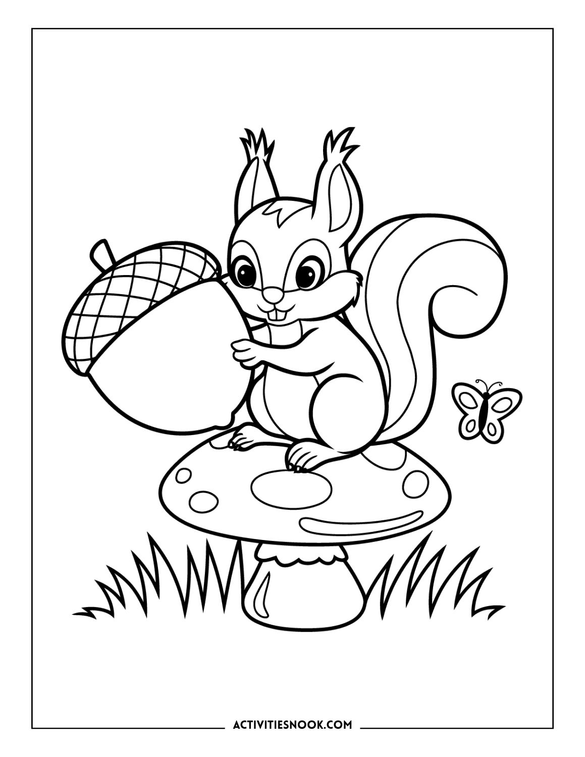 Cute squirrel coloring page: Squirrel holding a huge acorn while sitting on a spotted mushroom with a butterfly in a woodland setting.