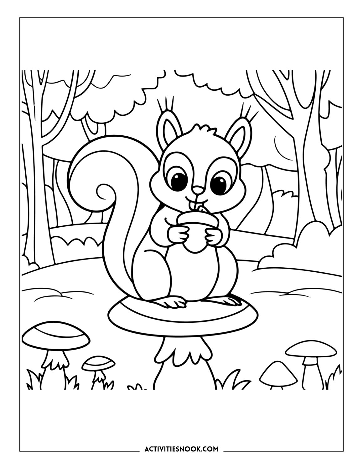 Forest animal coloring sheet: Squirrel holding an acorn, sitting on a mushroom in a stylized forest with tall trees.