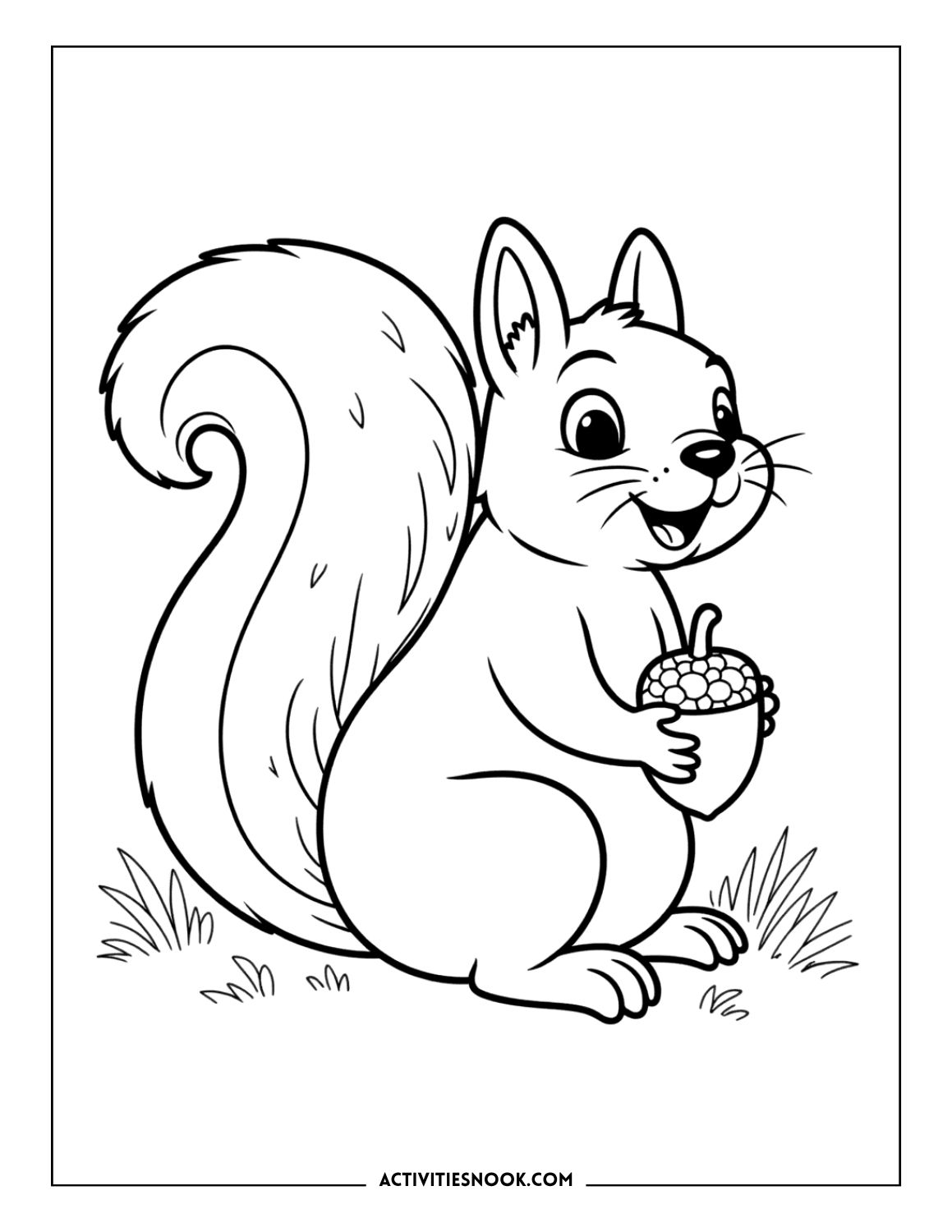 Simple squirrel coloring: Happy squirrel with a fluffy tail sitting in the grass, holding a small acorn.