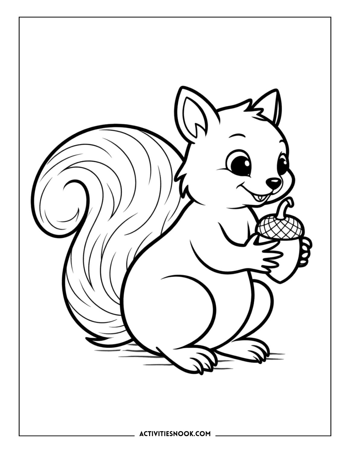 Close-up squirrel coloring page: Detailed drawing of a cute squirrel with a bushy tail, hugging a single acorn.