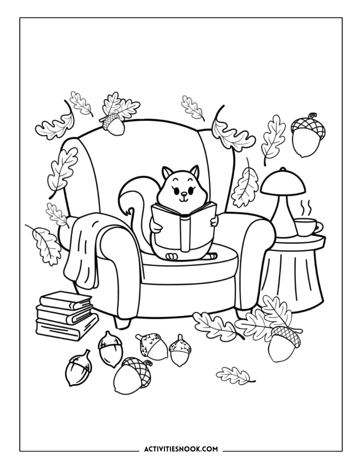 Autumn coloring activity: Squirrel reading a book in a cozy armchair with a lamp, hot drink, and acorns scattered on the floor.