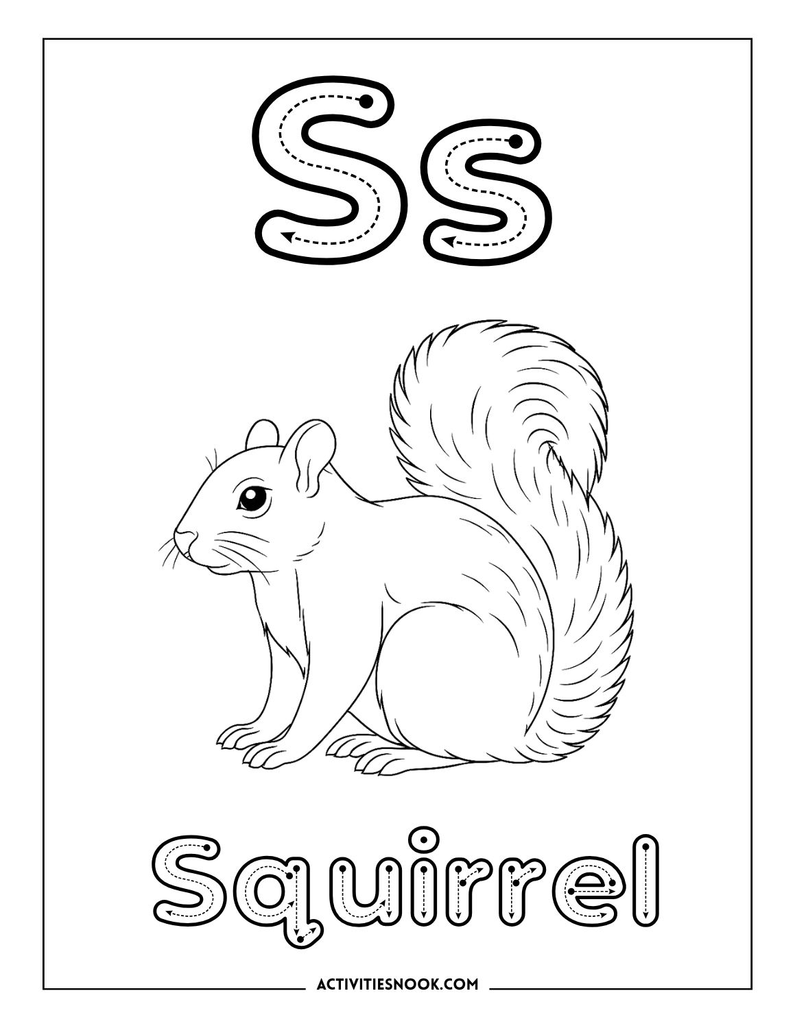Letter S coloring page: Squirrel illustration with traceable capital and lowercase S and the word Squirrel for handwriting practice.