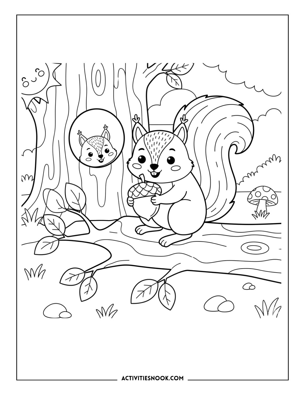 two squirrels with acorns near a large tree hollow in a woodland scene, cute animal coloring page