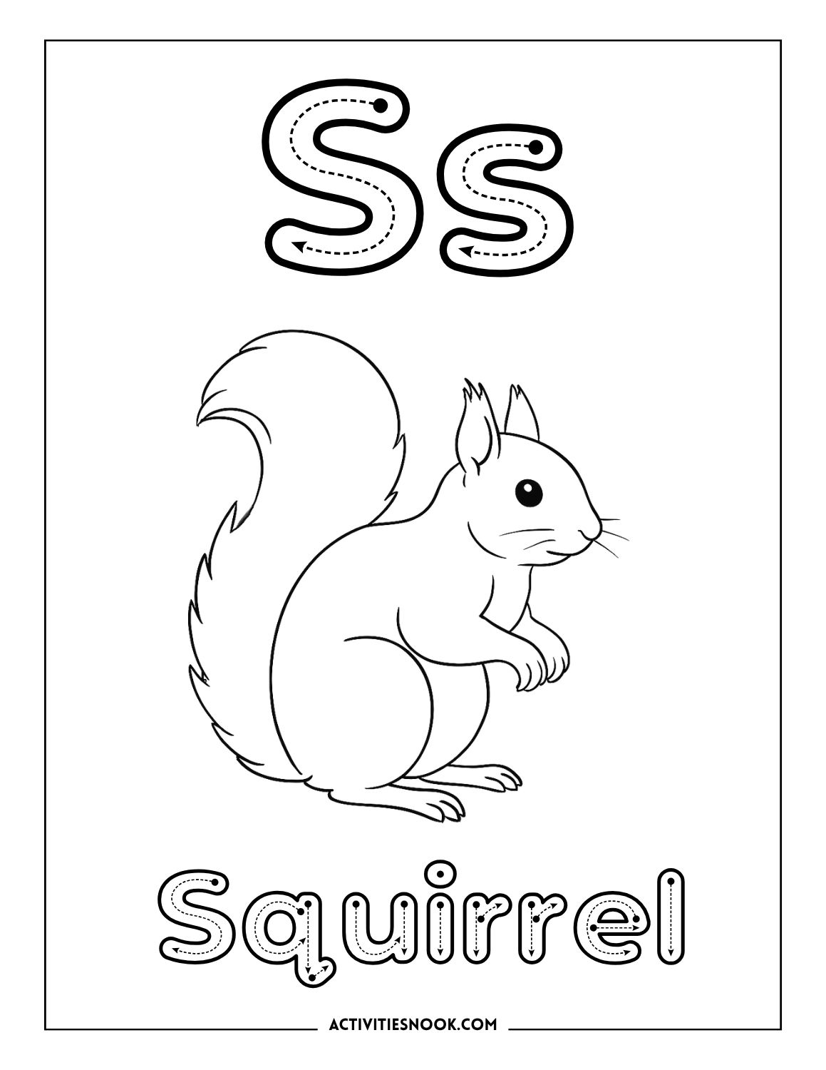 Letter S coloring page: Squirrel illustration with traceable capital and lowercase S and the word Squirrel for handwriting practice.