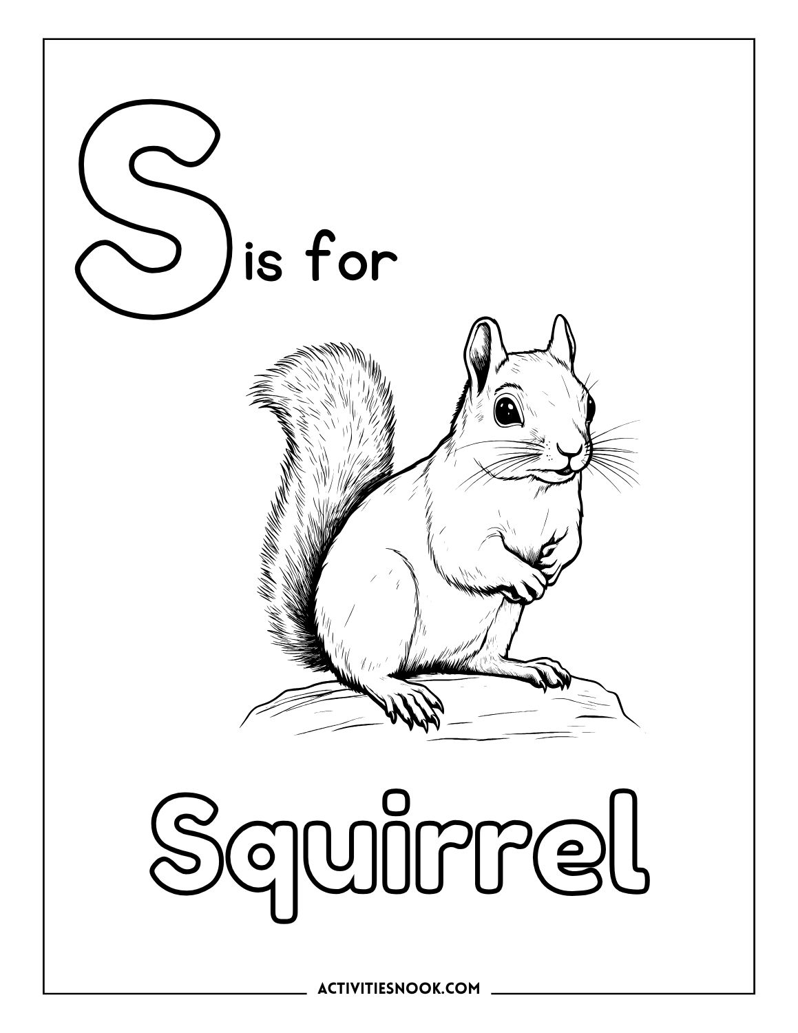 Letter S coloring page: Squirrel illustration with traceable capital and lowercase S and the word Squirrel for handwriting practice.