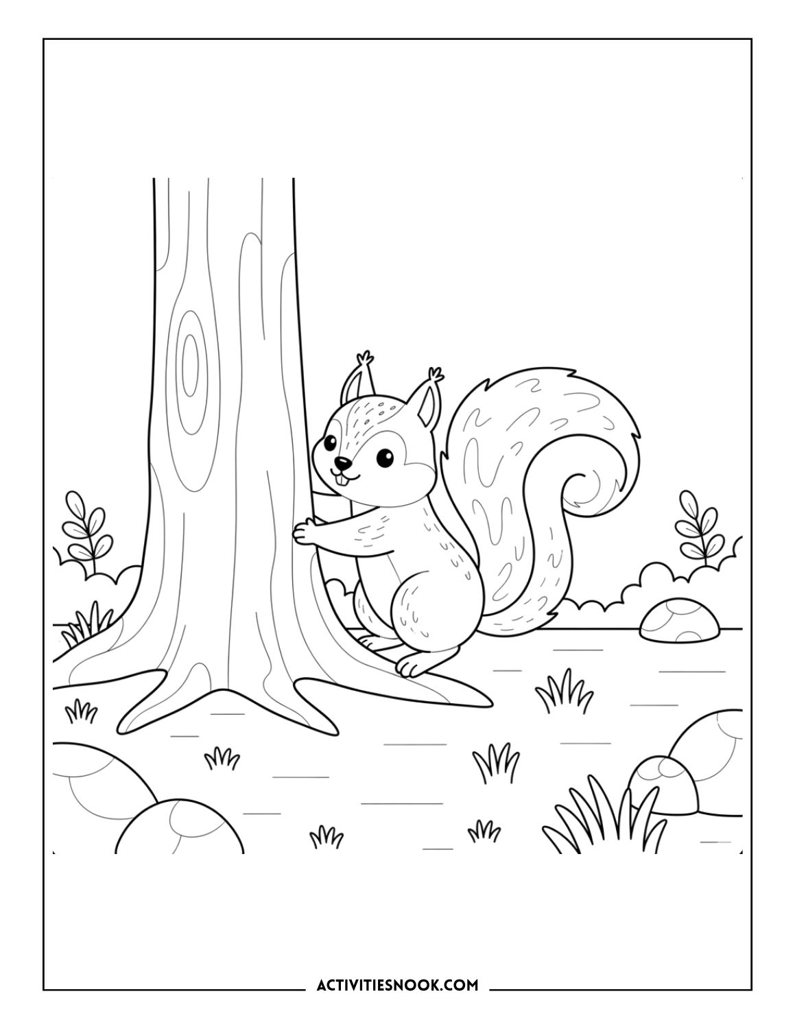 squirrel hugging a tree trunk with grass and plants in the background, forest coloring page