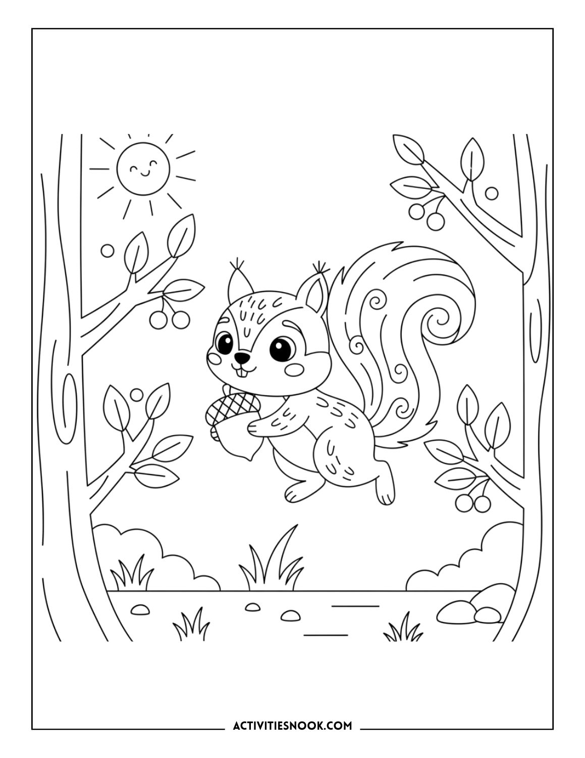 squirrel running through trees carrying an acorn, simple woodland animal coloring page