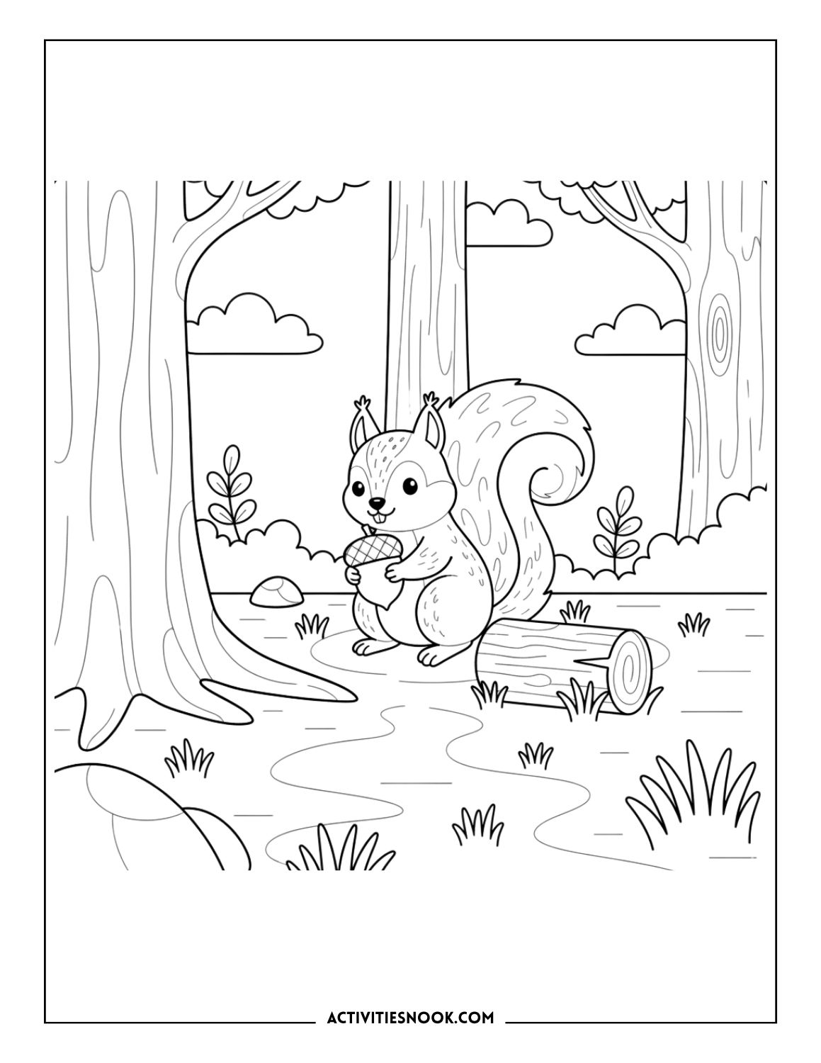 squirrel by a fallen log with acorn in paws, forest background, nature coloring page