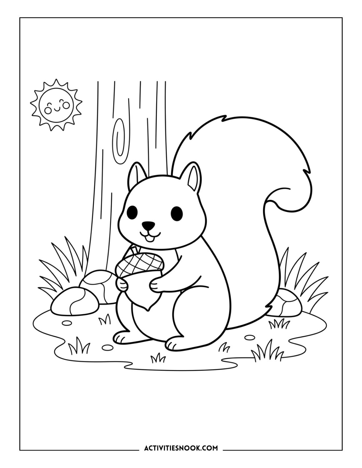 minimalist squirrel holding acorn beside a tree with sun, easy coloring page for kids