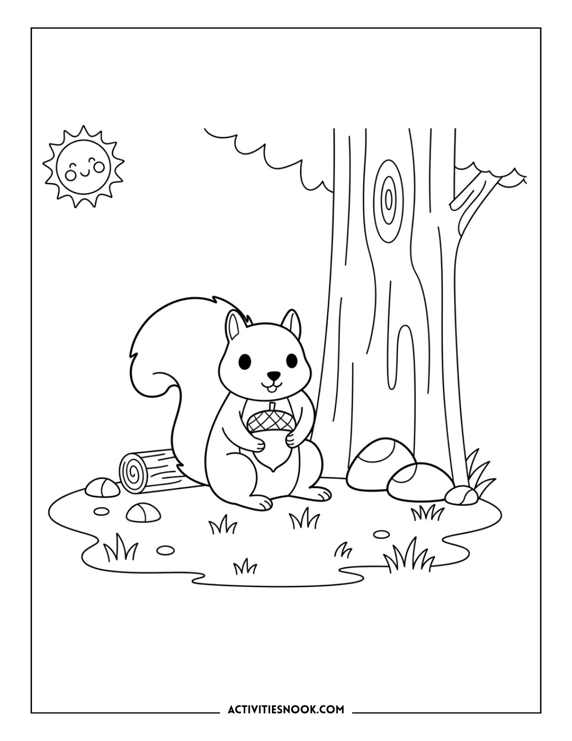 squirrel near tree trunk with acorn and forest background, woodland coloring sheet