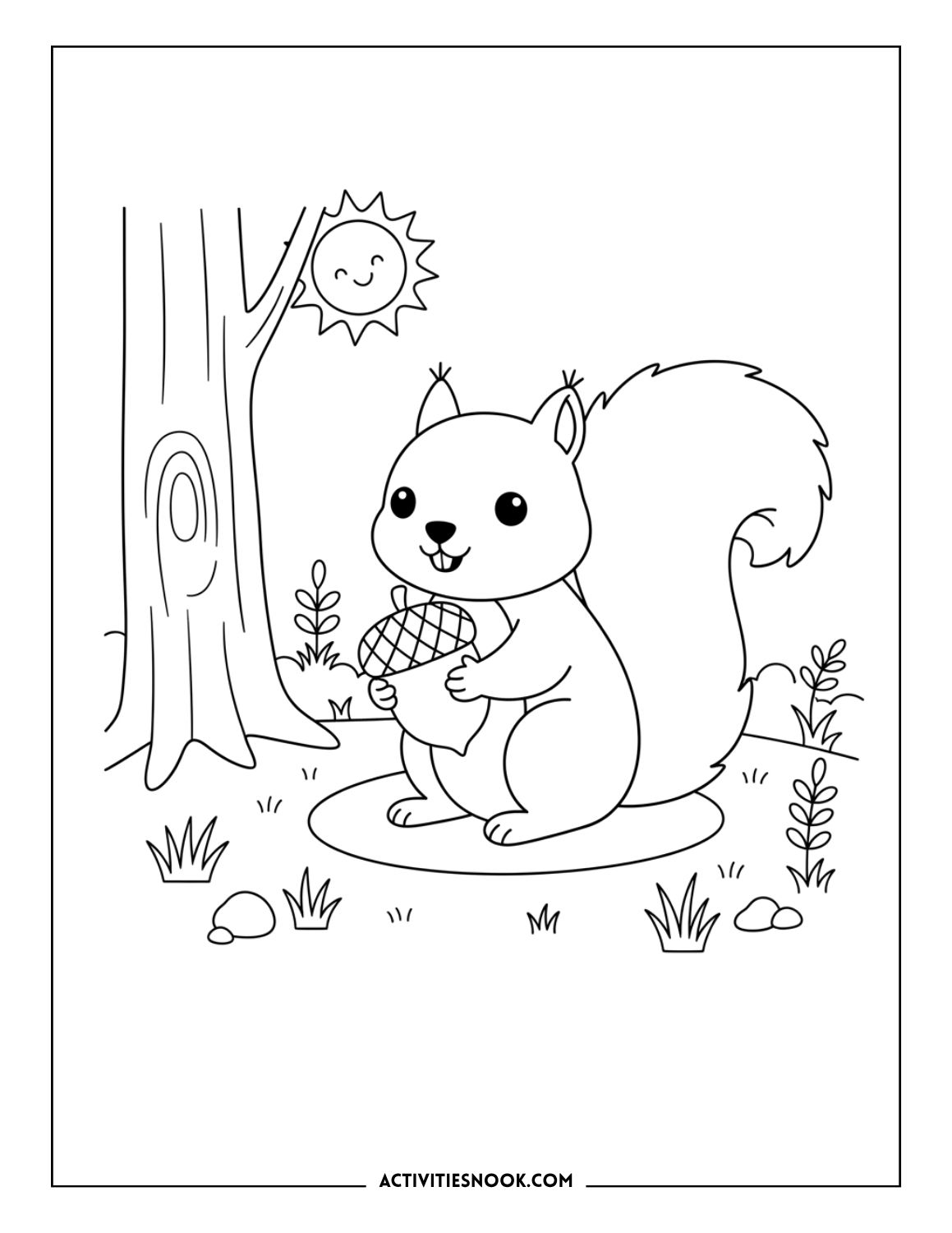 cartoon squirrel with acorn on forest floor with plants and sunshine, animal coloring page