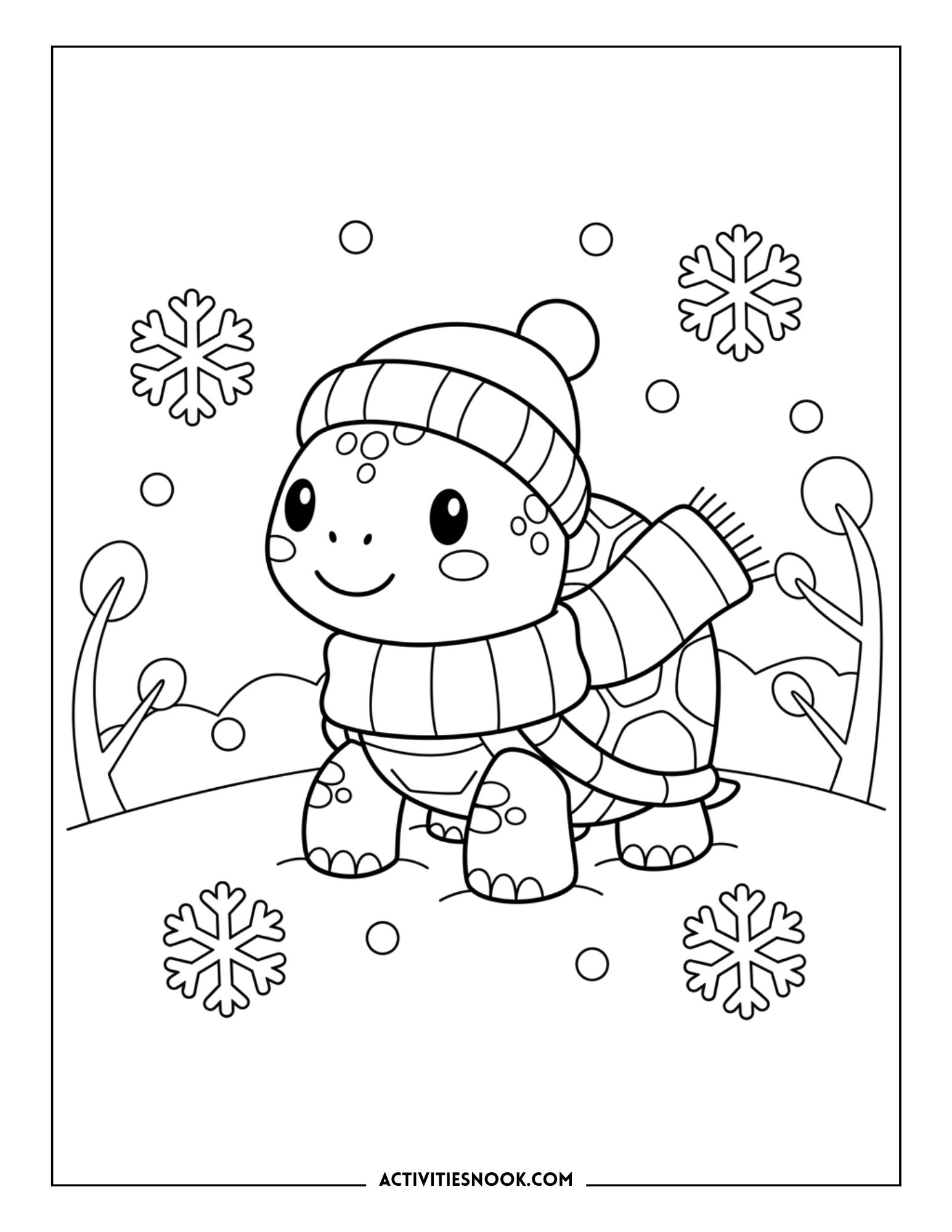 Coloring page features a baby tortoise bundled up with a knit hat and scarf in a winter scene with large snowflakes.