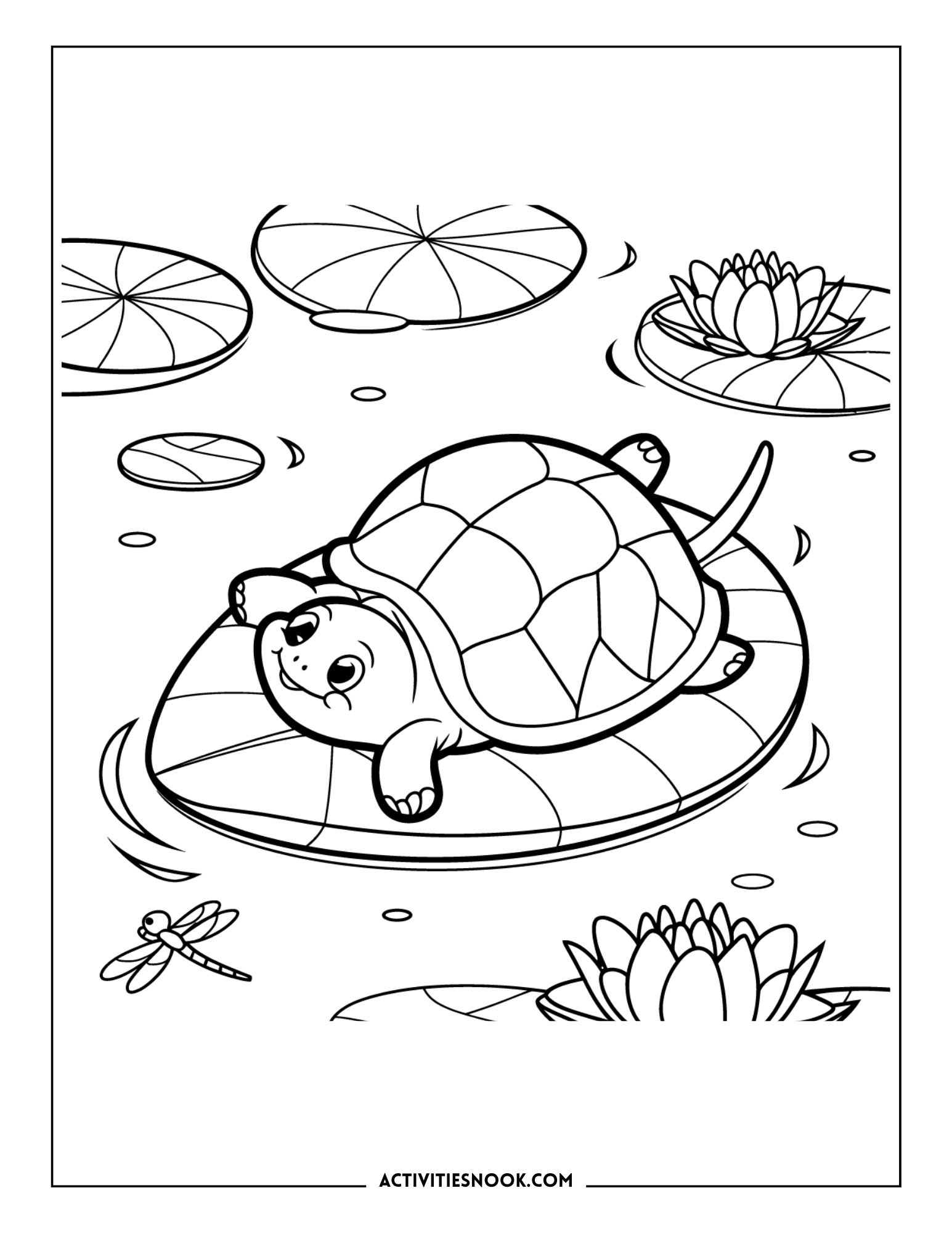 Peaceful coloring page of a small turtle resting on a lily pad in a pond with water lilies and a dragonfly flying nearby.