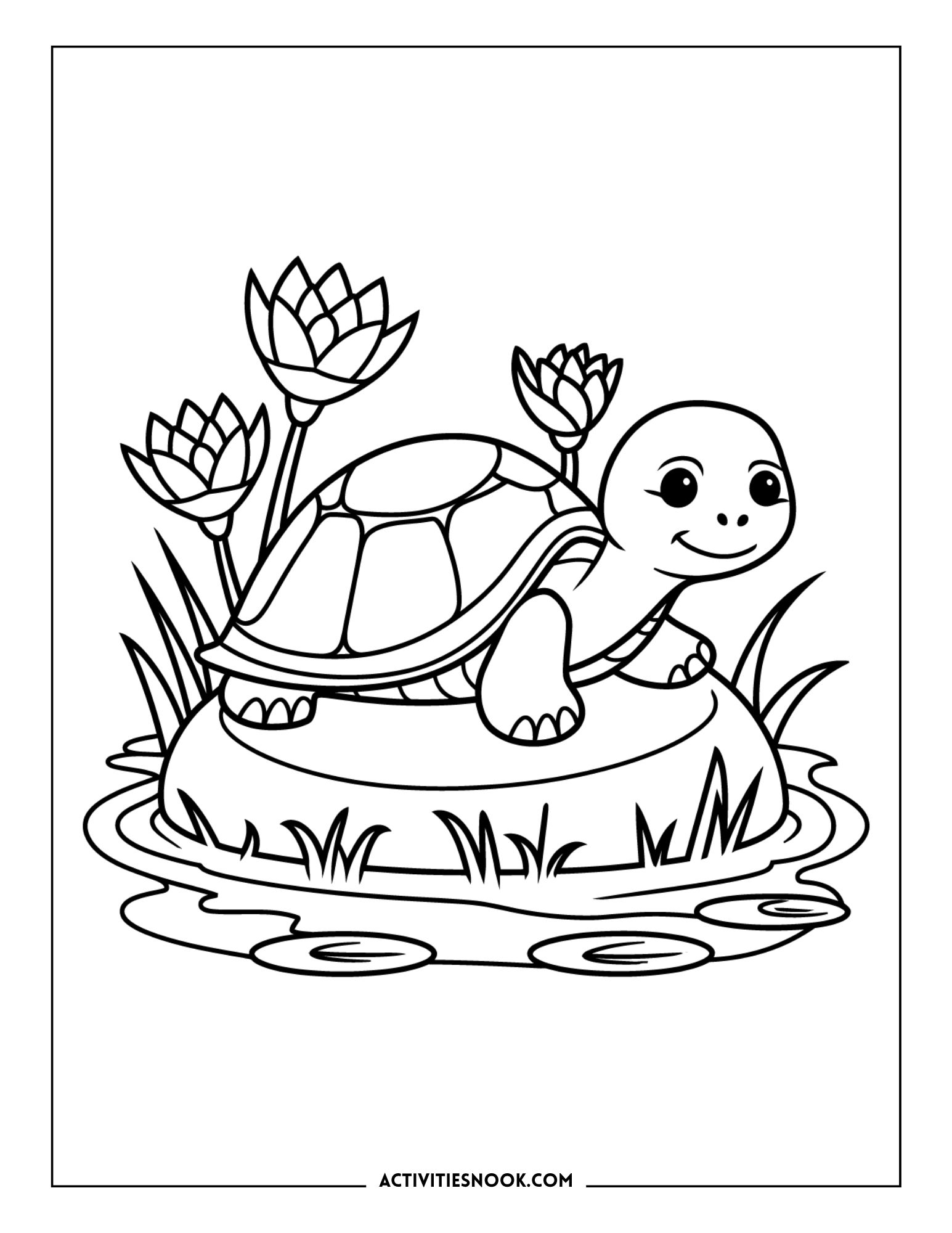 Line art of a happy turtle sitting on a rock in the water, with flower buds and aquatic plants in the background.
