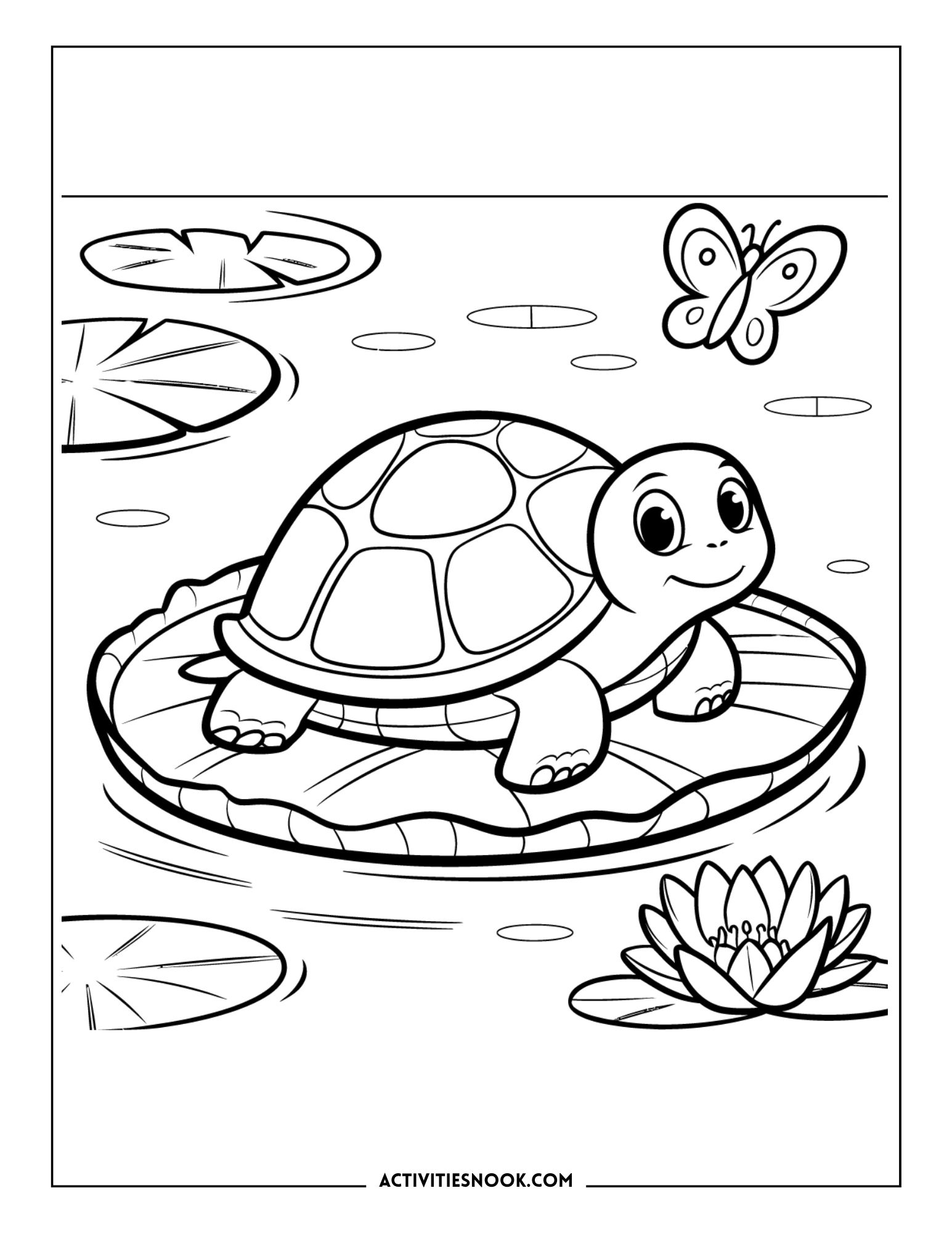 Coloring sheet of a baby turtle on a lily pad in a pond environment, with a butterfly flying above the water.