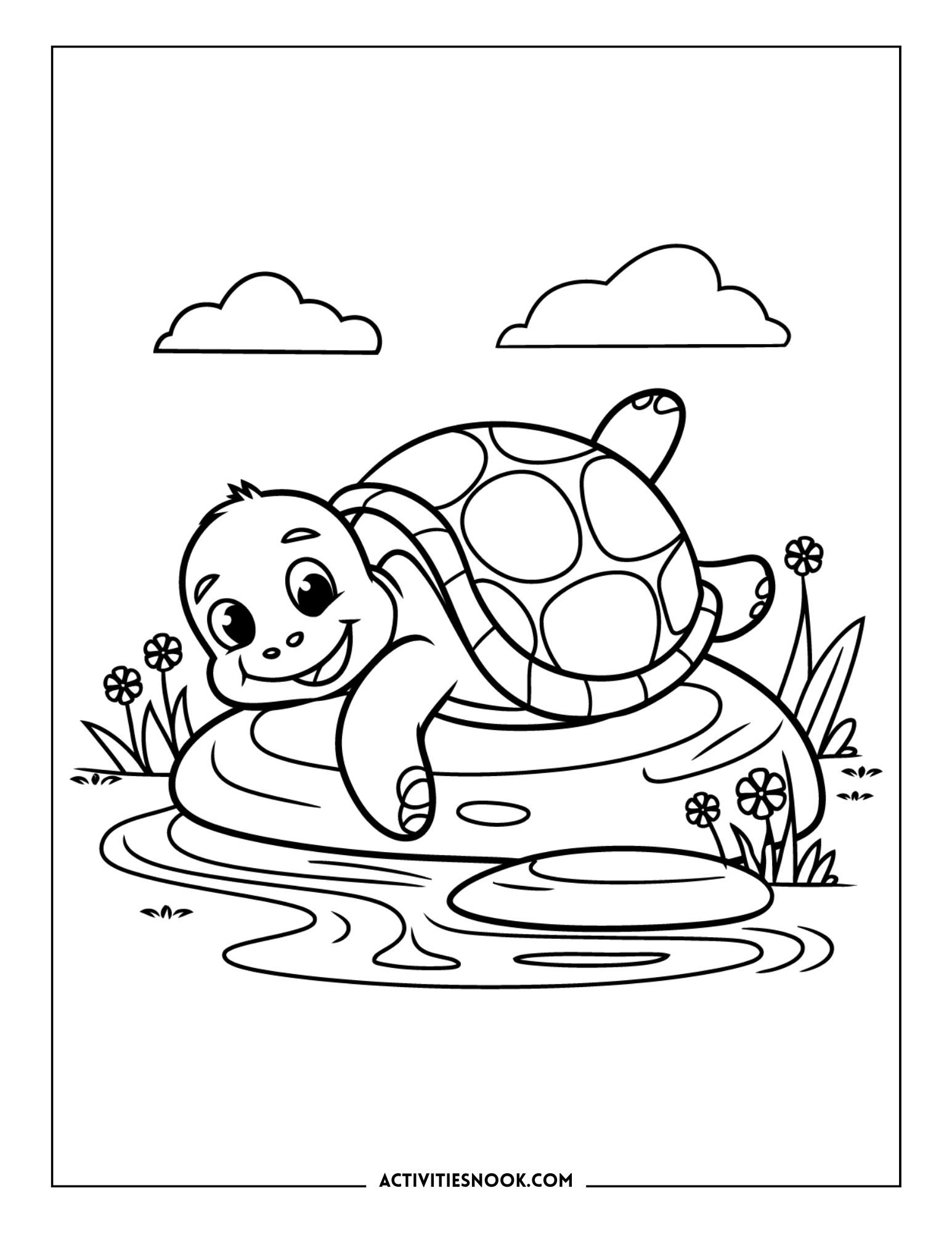 Black and white outline drawing of a happy little tortoise lying on a smooth stone or log in a pond with grass and flowers.