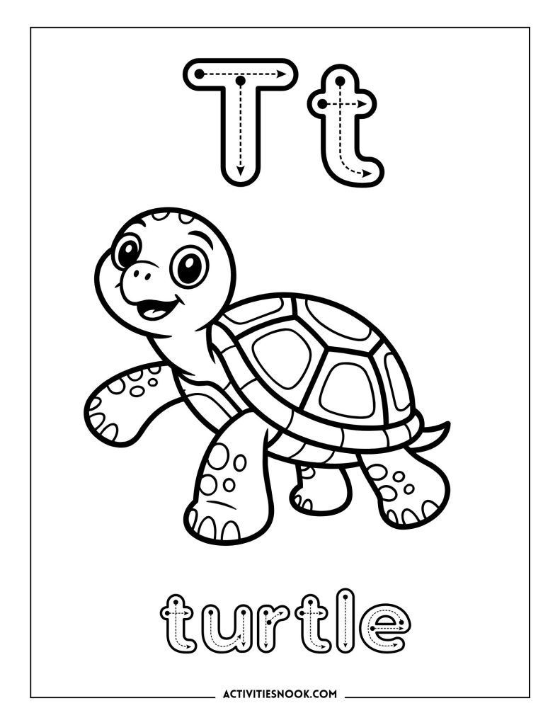 Educational coloring page for the alphabet, featuring a cute turtle and large tracing letters Tt and the word 'turtle'.