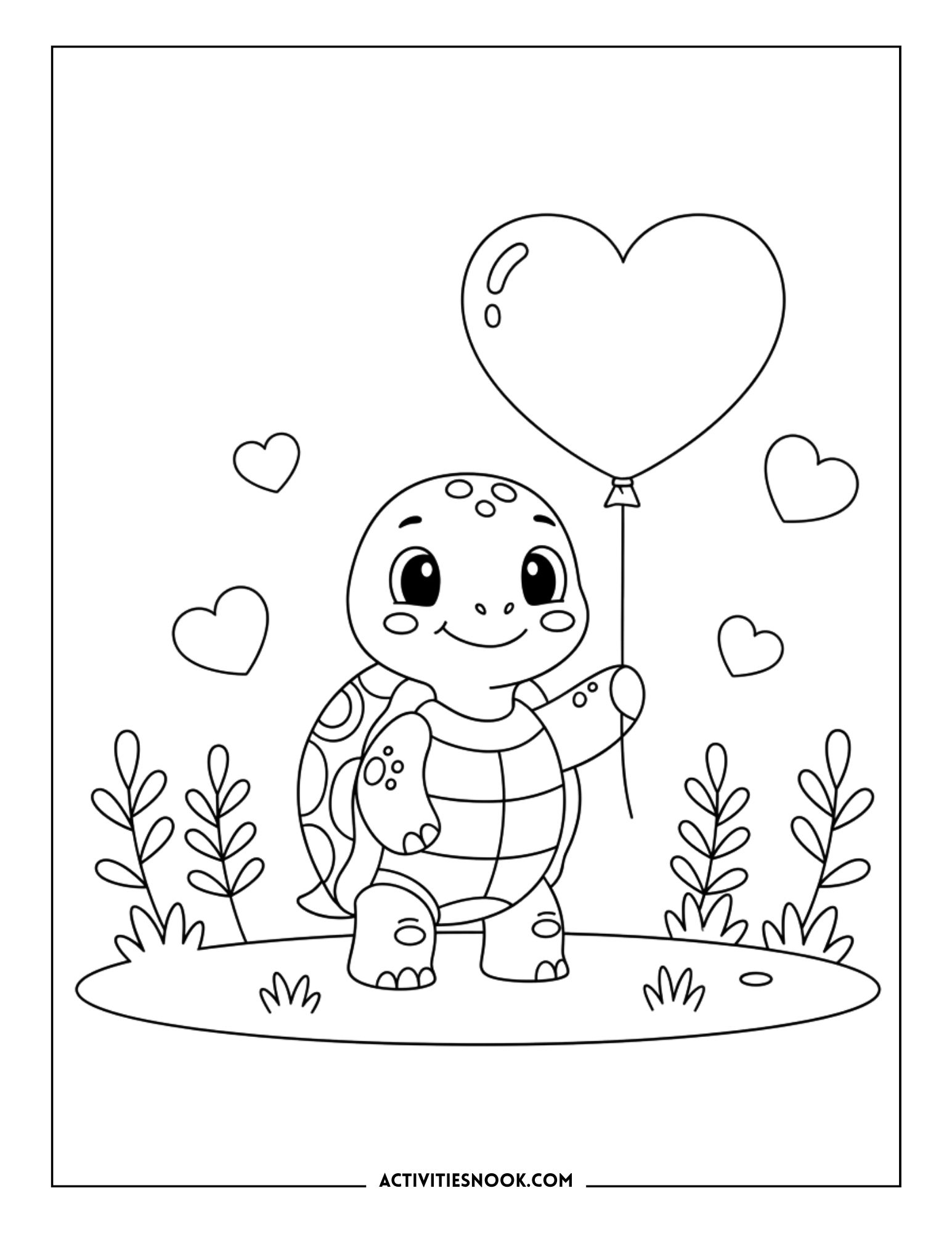 Outline drawing of a happy turtle holding a heart balloon, with small heart shapes floating in the air.