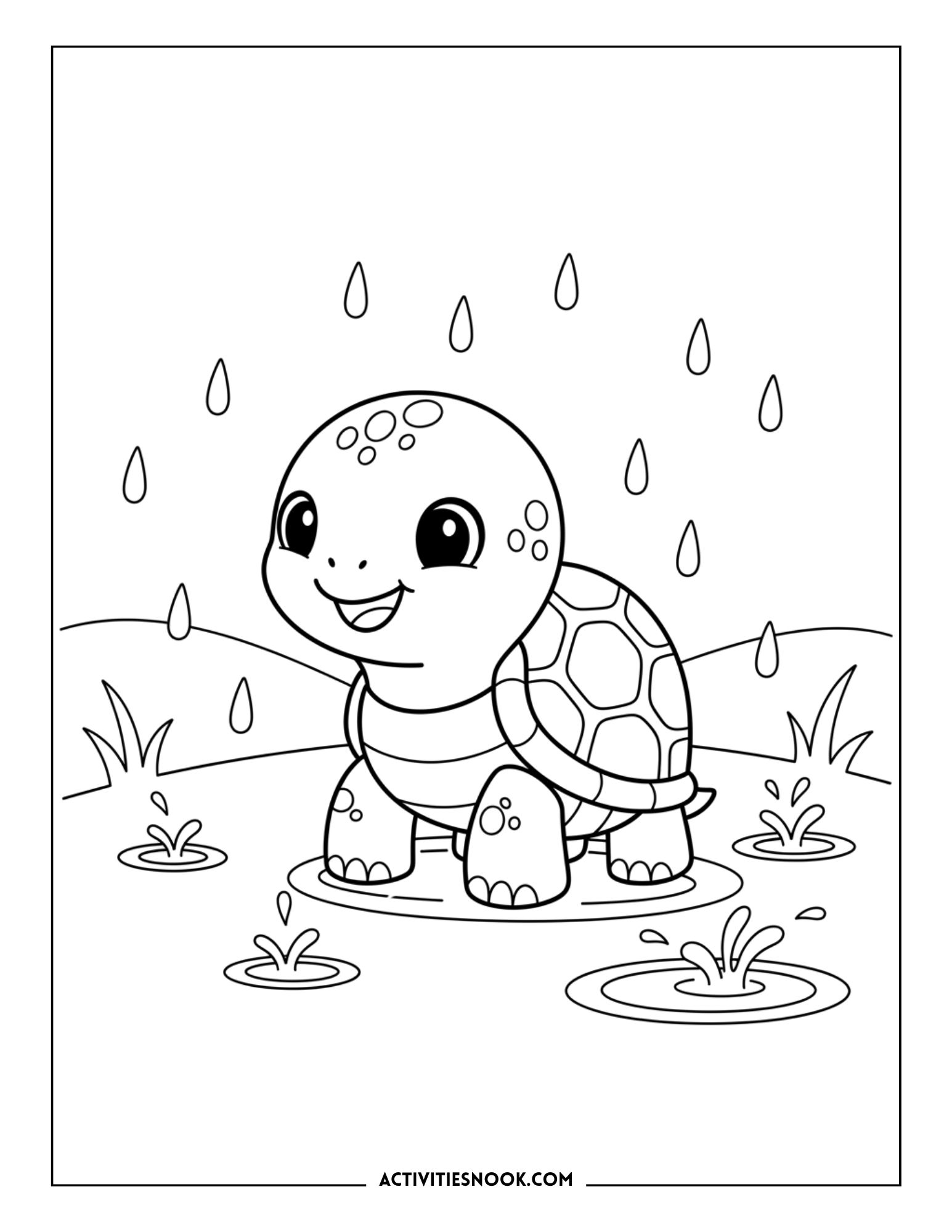 Simple coloring sheet showing a smiling turtle in a pond or puddle as raindrops fall around it.