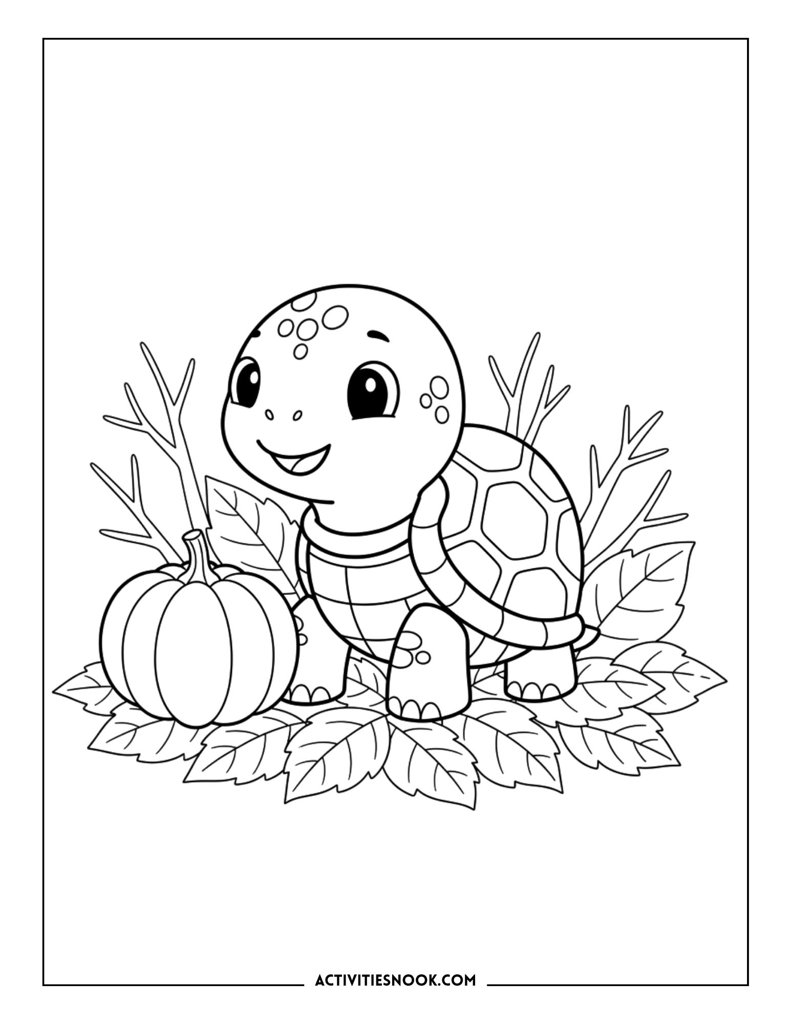 Line art of a small turtle resting on autumn leaves beside a whole pumpkin, set in a fall outdoor scene.
