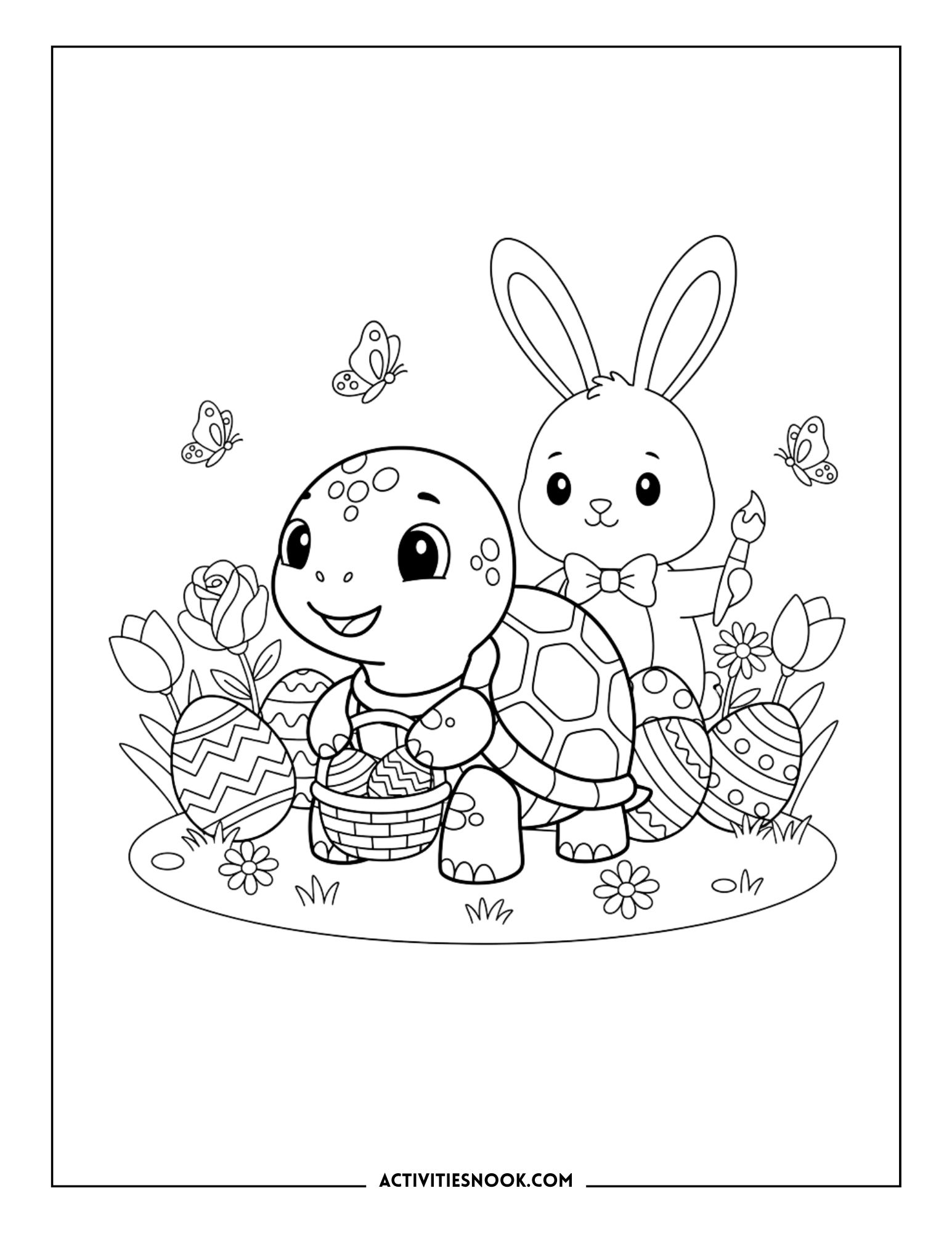 Black and white outline of a turtle carrying a basket next to a smiling rabbit, surrounded by flowers and patterned Easter eggs.