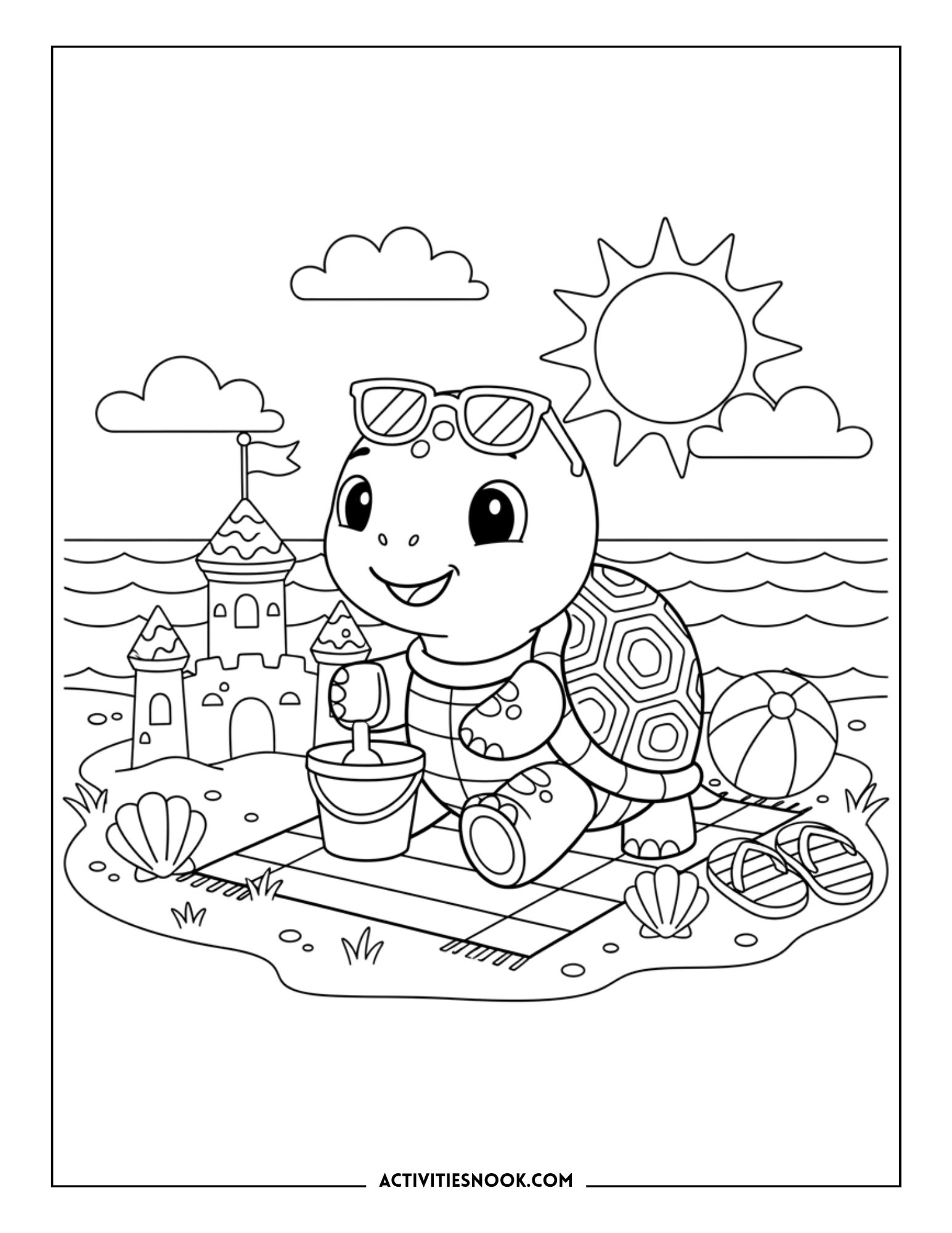 Cartoon turtle wearing shades and holding a bucket and shovel on a beach with a sandcastle, sun, and water in the background.