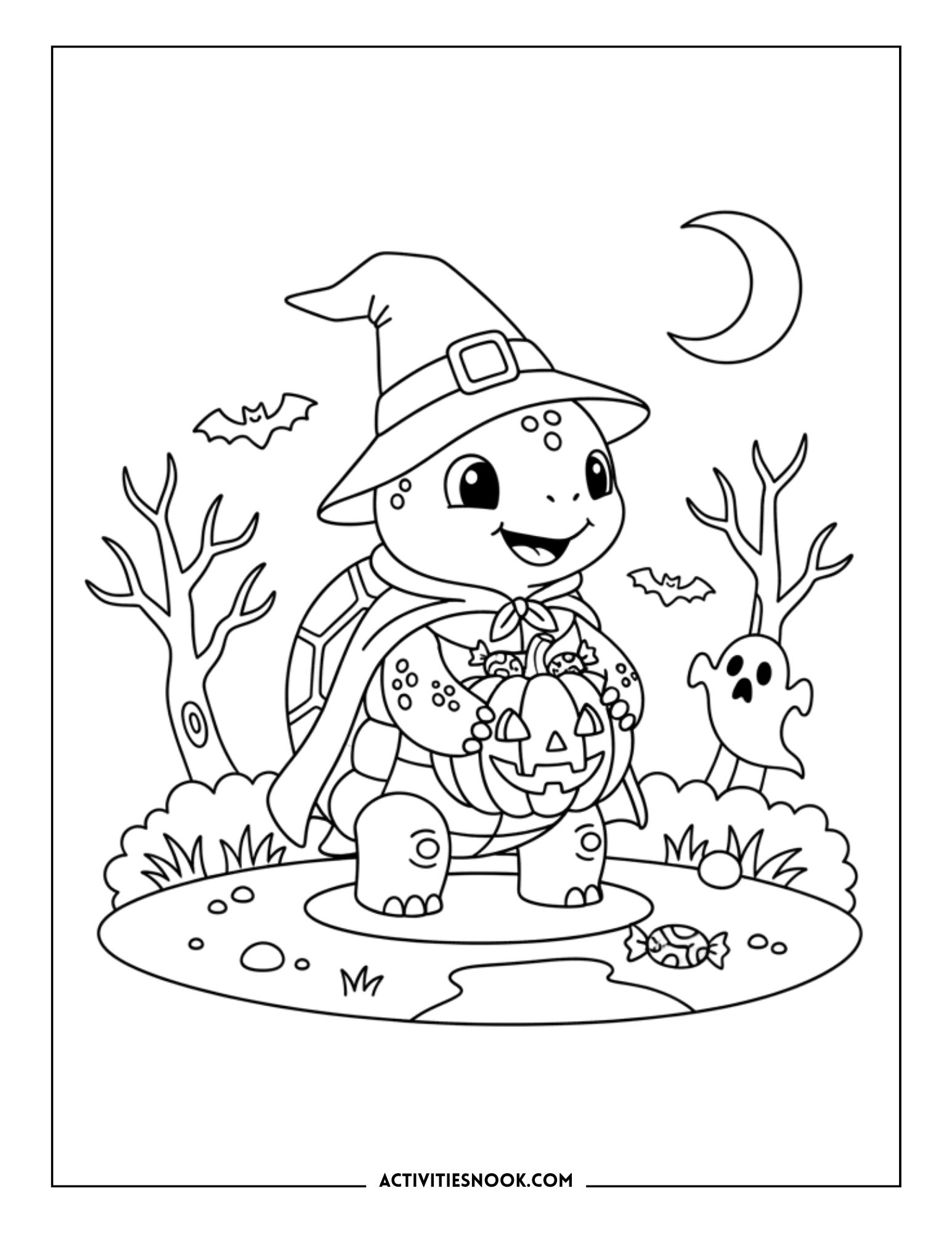 Coloring picture of a sweet turtle dressed as a witch holding a jack-o'-lantern bucket, with a ghost and bats nearby for Halloween.