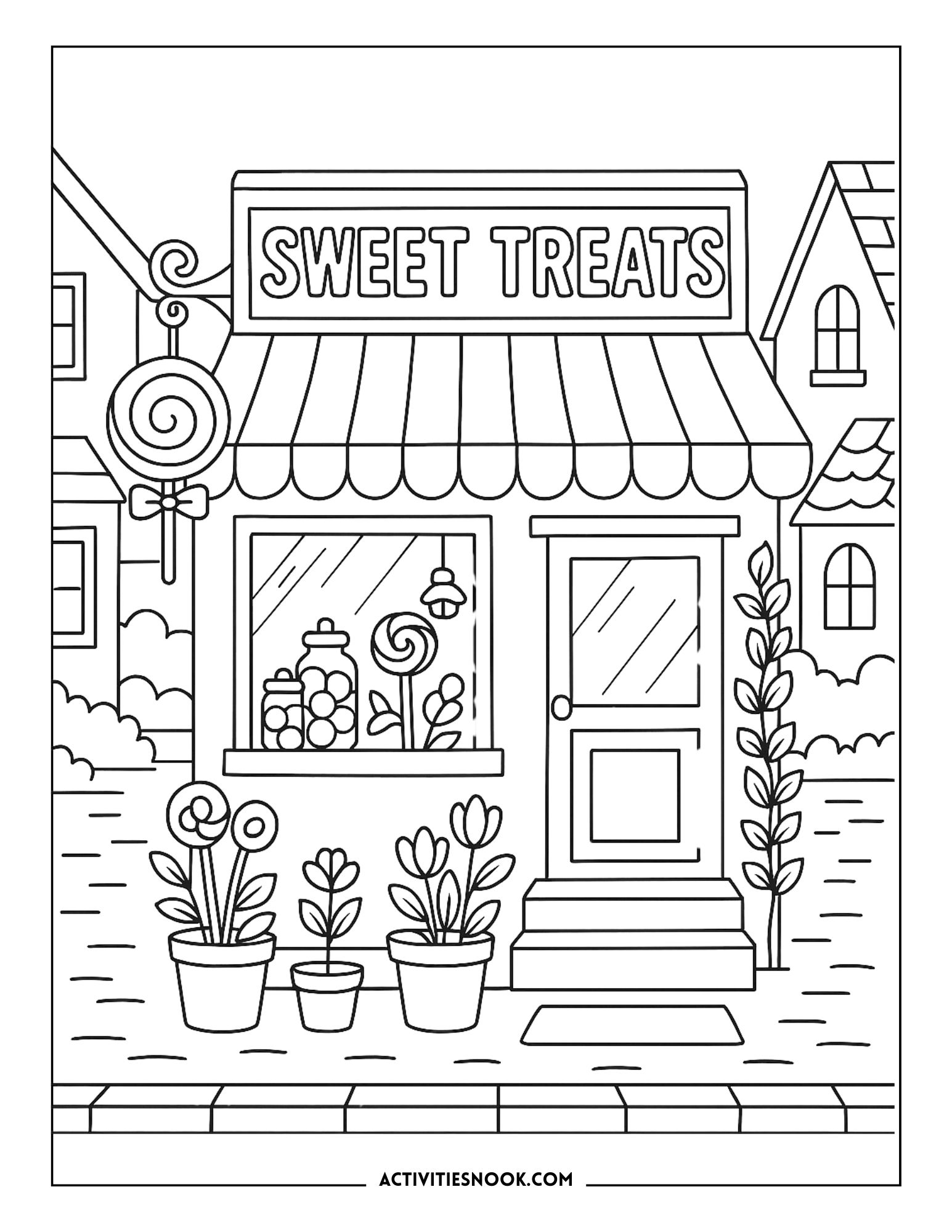 Coloring page featuring a shop named 'Sweet Treats' with a candy sign and flower pots.