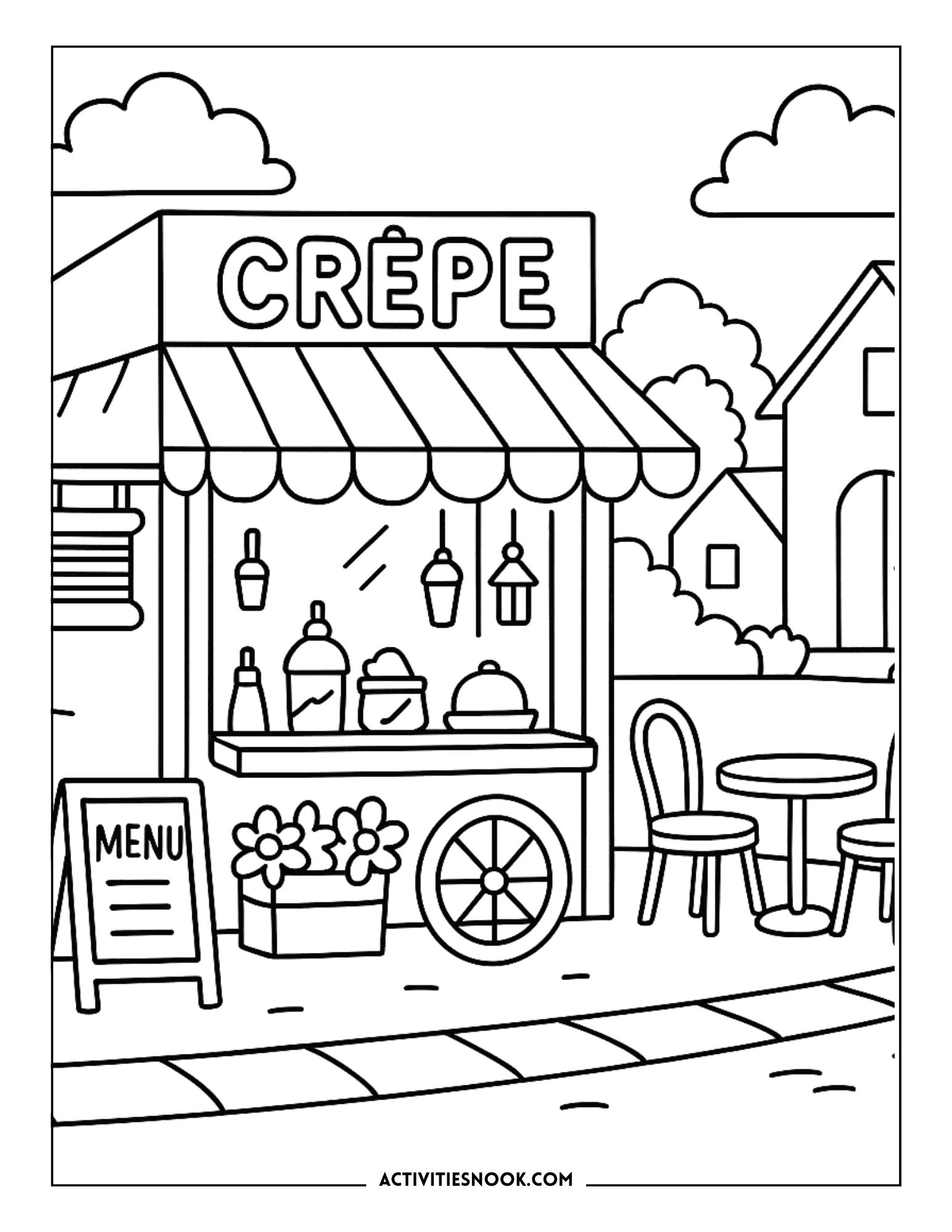 Black and white coloring page of a crepe shop with a menu board and outdoor seating.