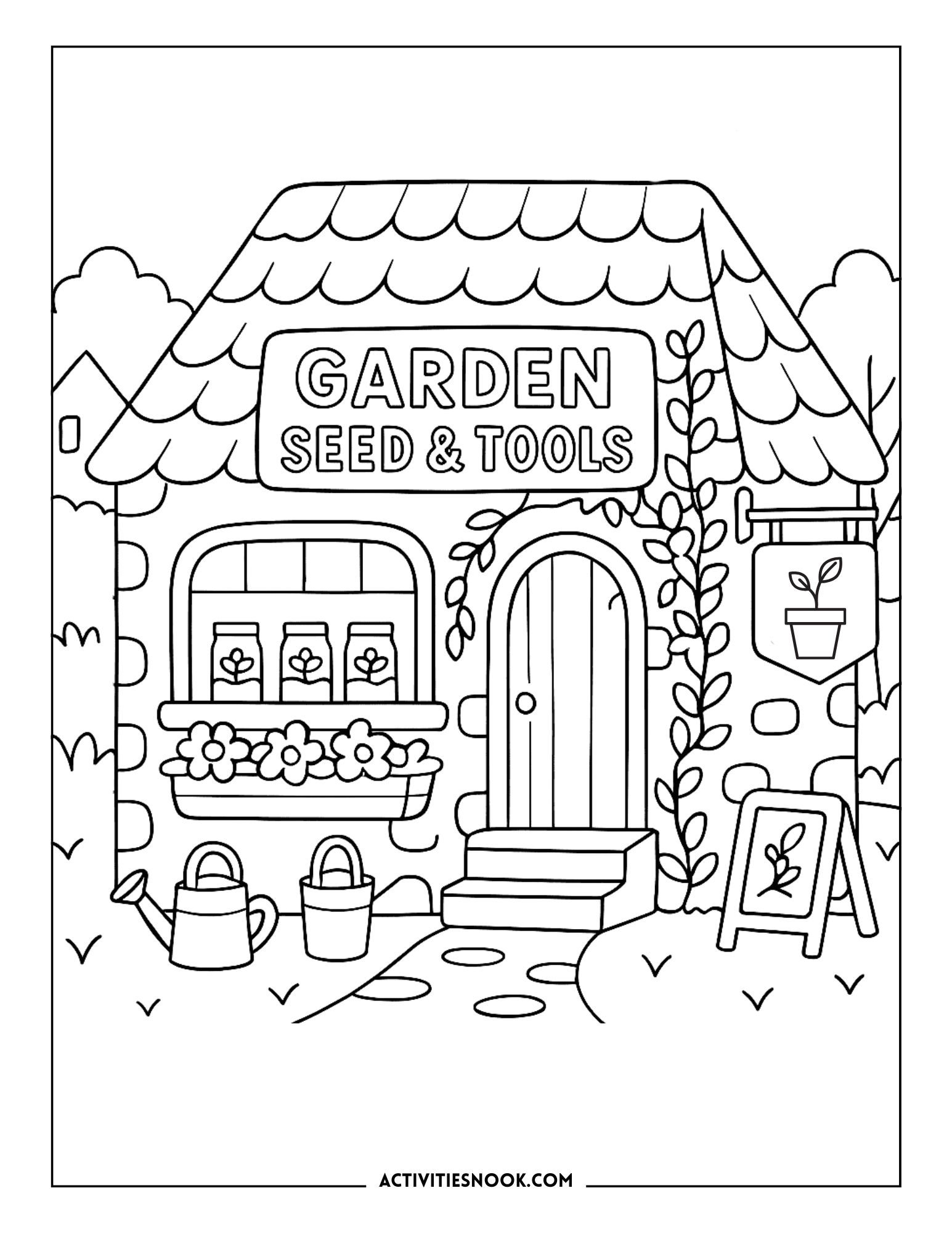 Coloring page of a garden shop labeled 'Garden Seed & Tools' with a door, windows, and decorative elements.