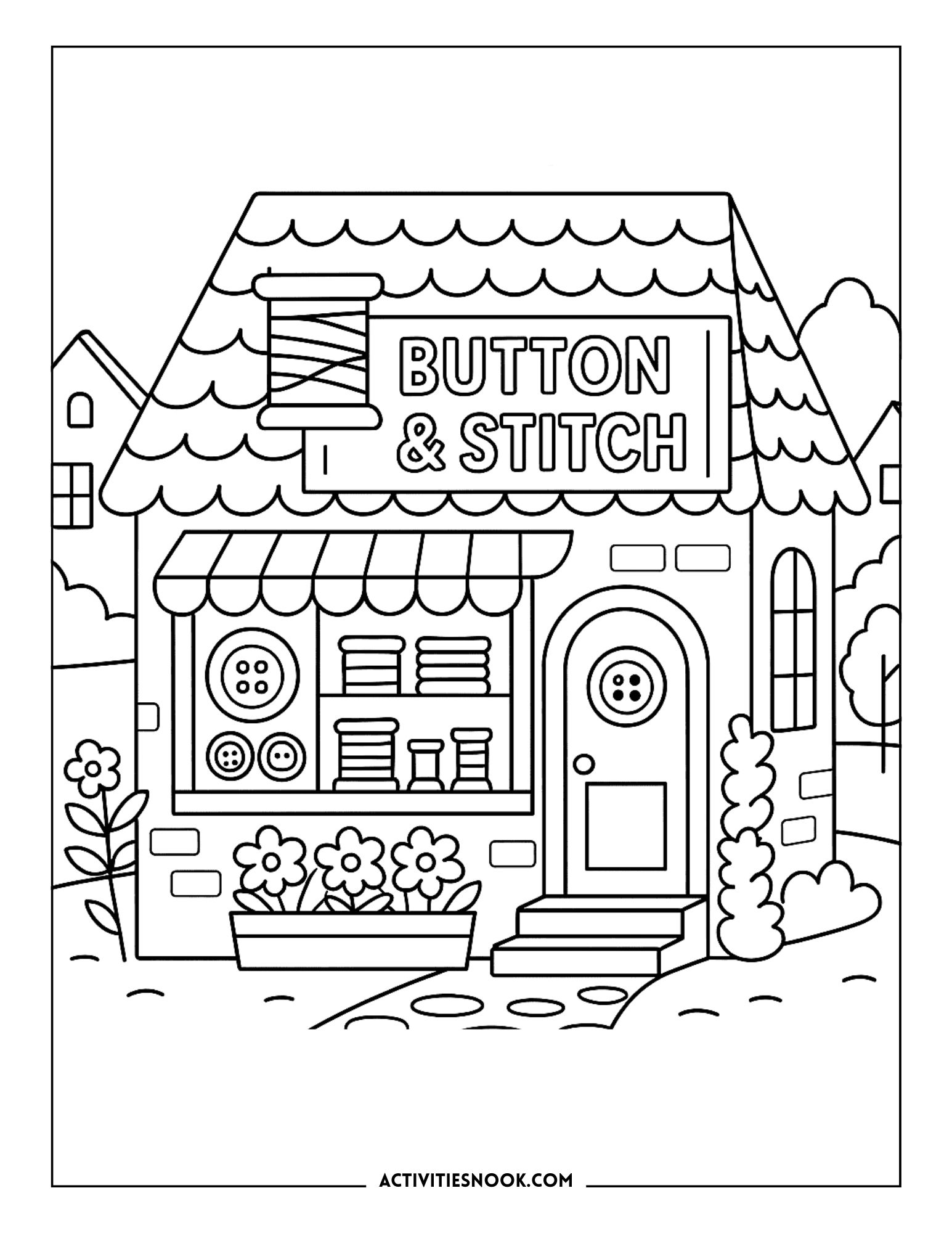 Coloring page of a quaint shop named 'Button & Stitch' with buttons and fabric displayed in the windows.