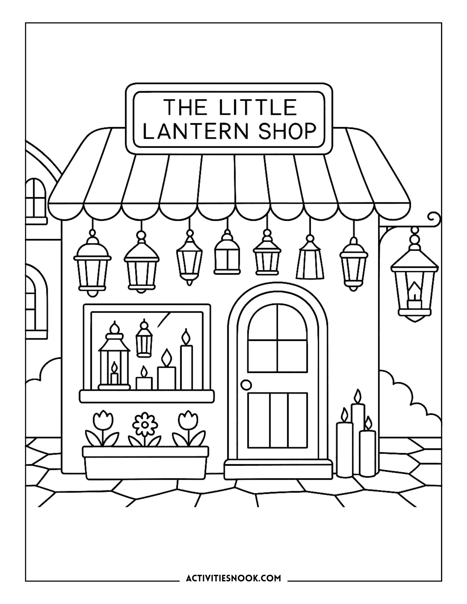 Coloring page of a shop named 'The Little Lantern Shop' with various lanterns displayed outside.
