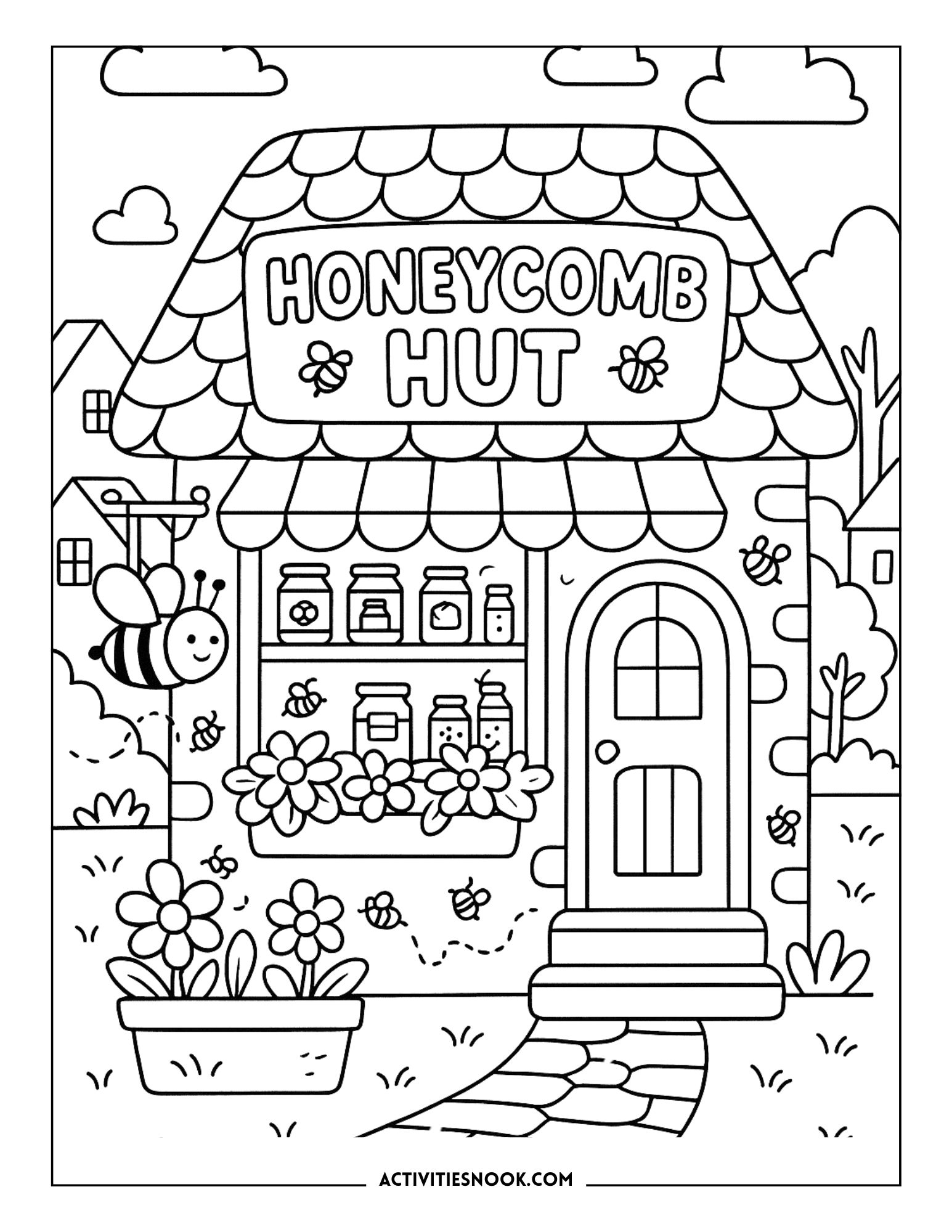 Coloring page illustration of a honeycomb hut with jars, flowers, and a bee.