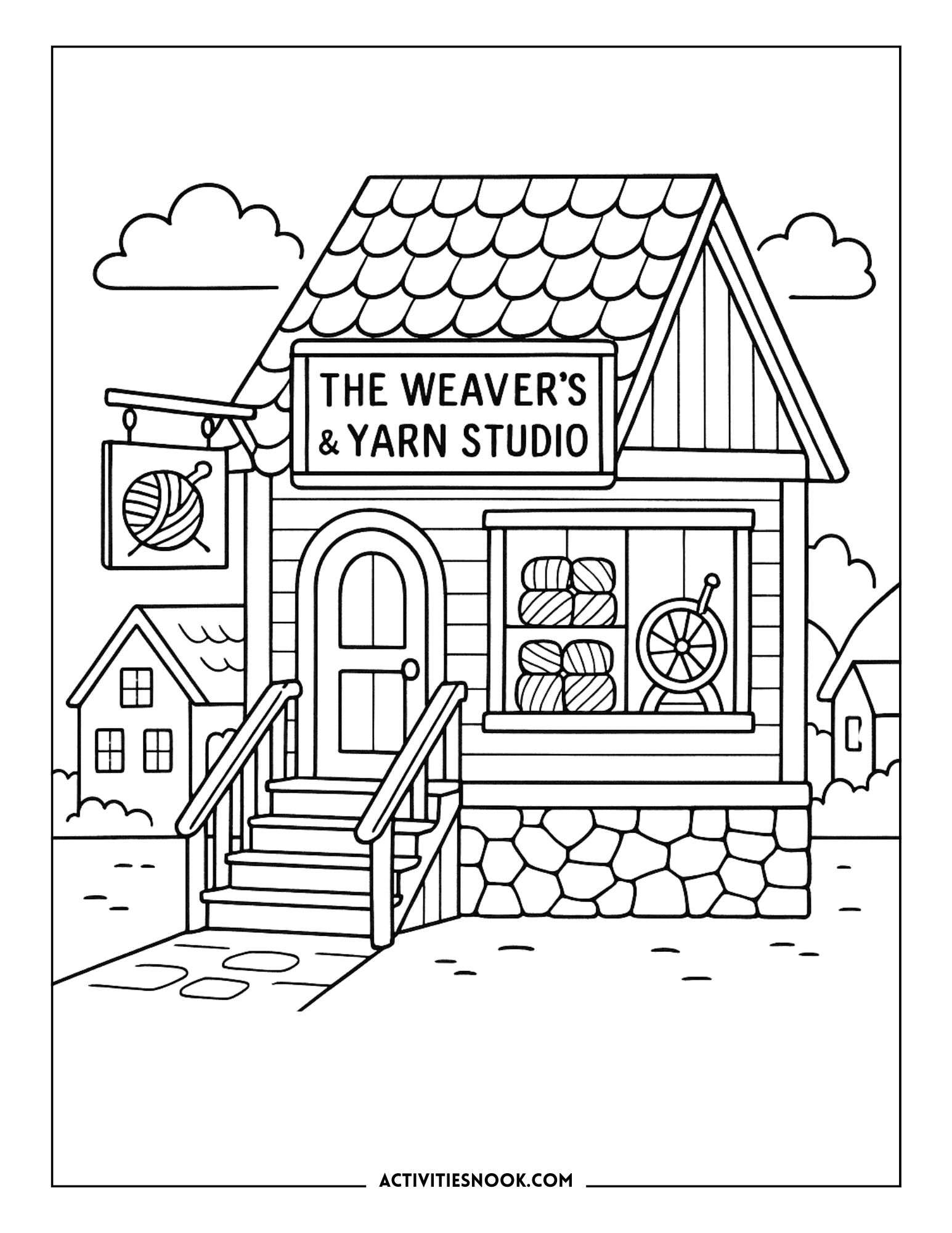 Line art illustration of a yarn studio with a sign, steps, and yarn balls displayed in the window.