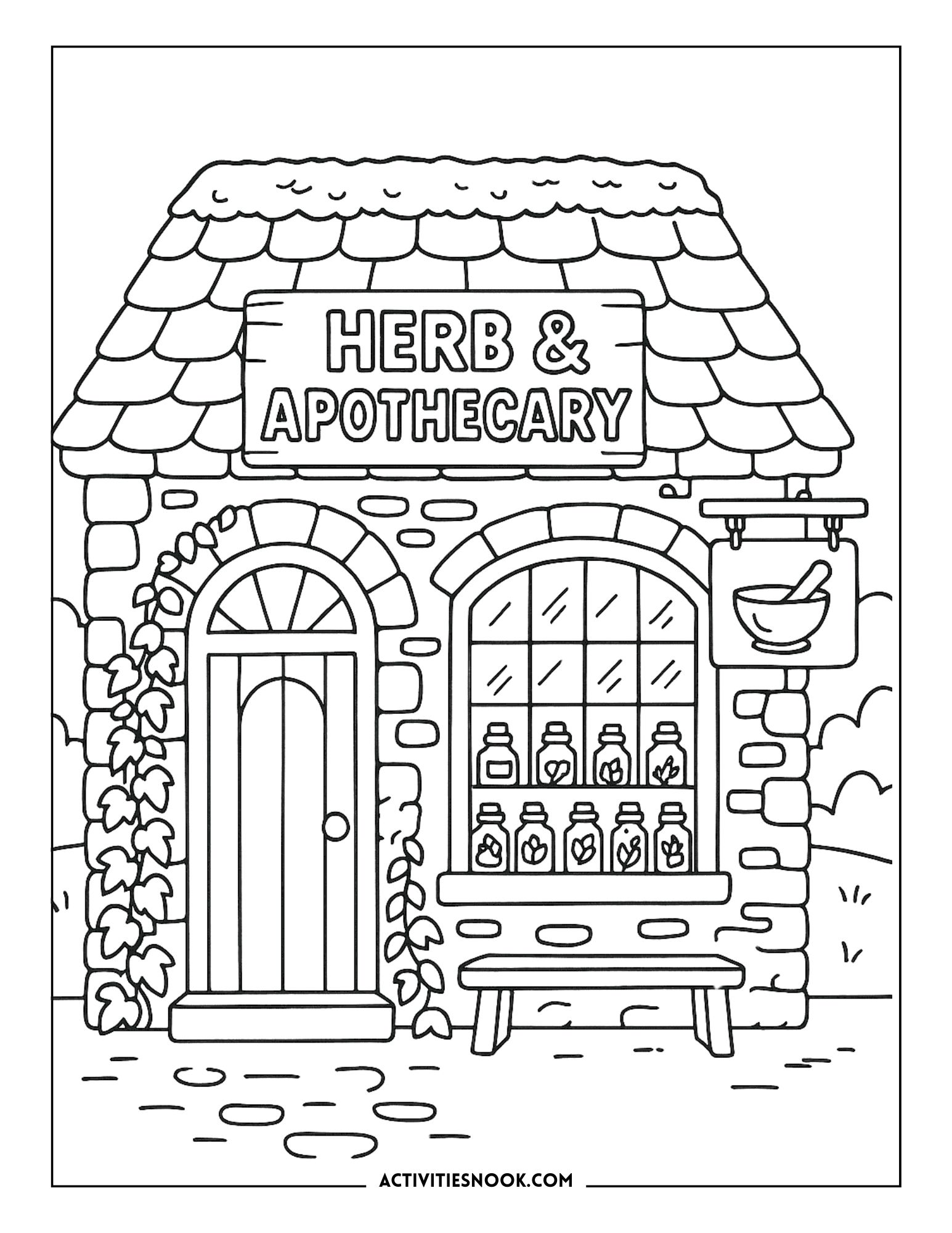 Line art illustration of a quaint herb and apothecary shop with a stone facade and a sign.