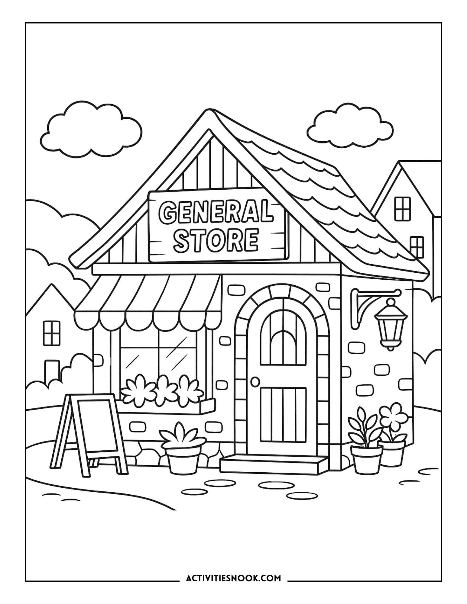 Line art illustration of a general store with a sign, door, and decorative plants in front.