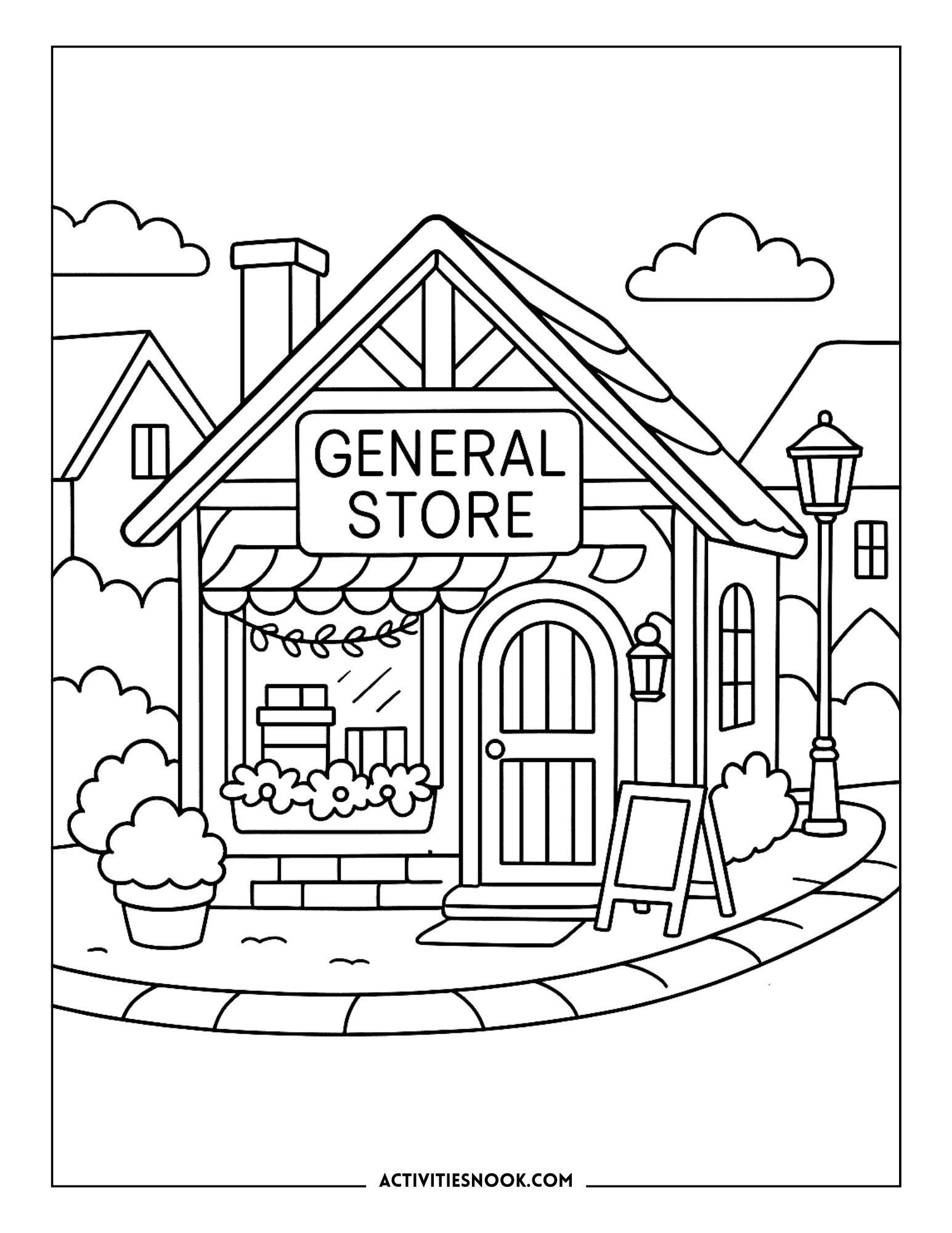 Line art illustration of a general store with a sign, door, and decorative elements.