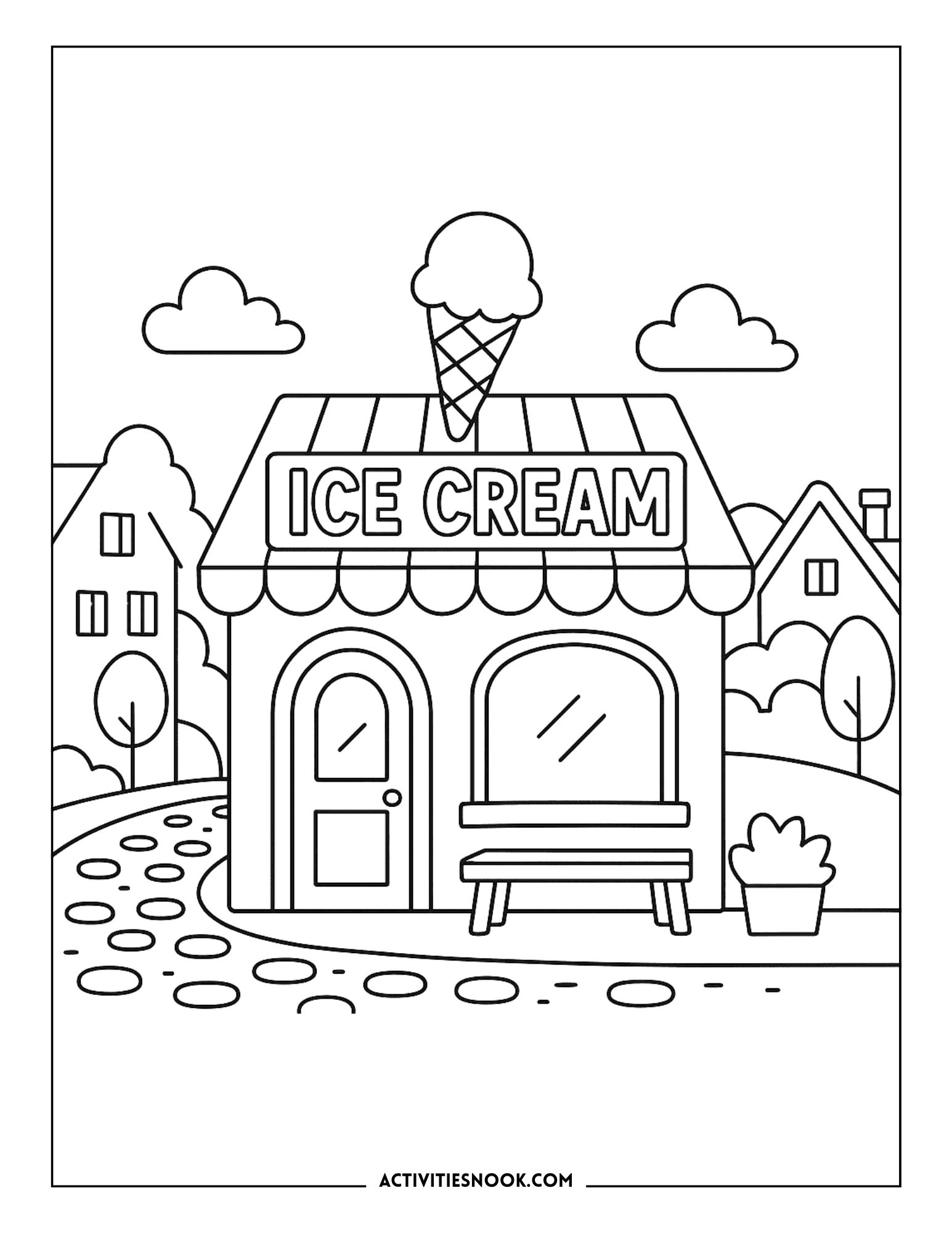 Coloring page of an ice cream shop with a cone on the roof and a bench outside.