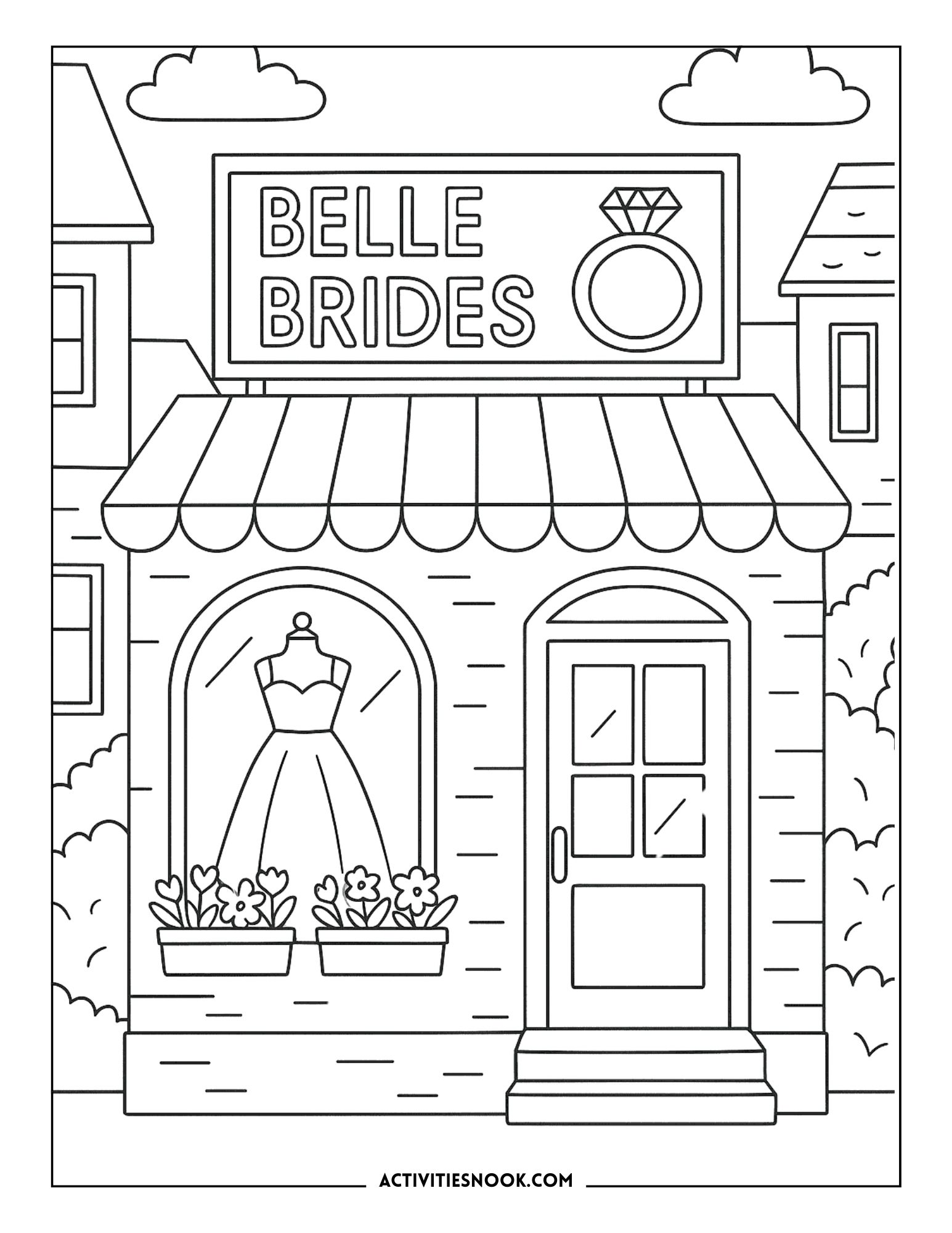 Black and white coloring page of a bridal shop named 'Belle Brides' with a dress display and decorative flowers.