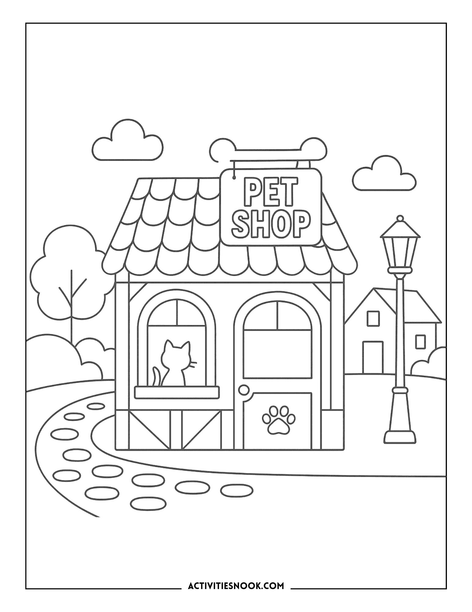 Line drawing of a pet shop with a cat in the window and a path leading to it, suitable for coloring.