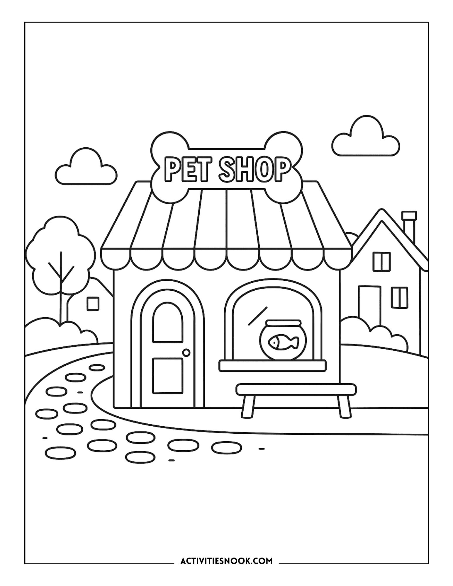 Line art illustration of a pet shop with a fish tank in the window and a bench outside.