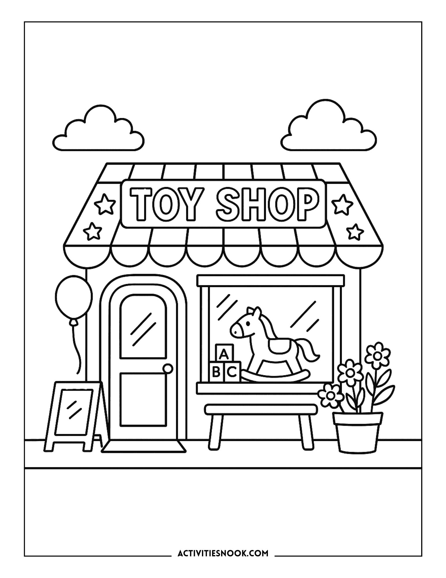 Coloring page of a toy shop with a sign, window display, and decorative elements like flowers and a balloon.