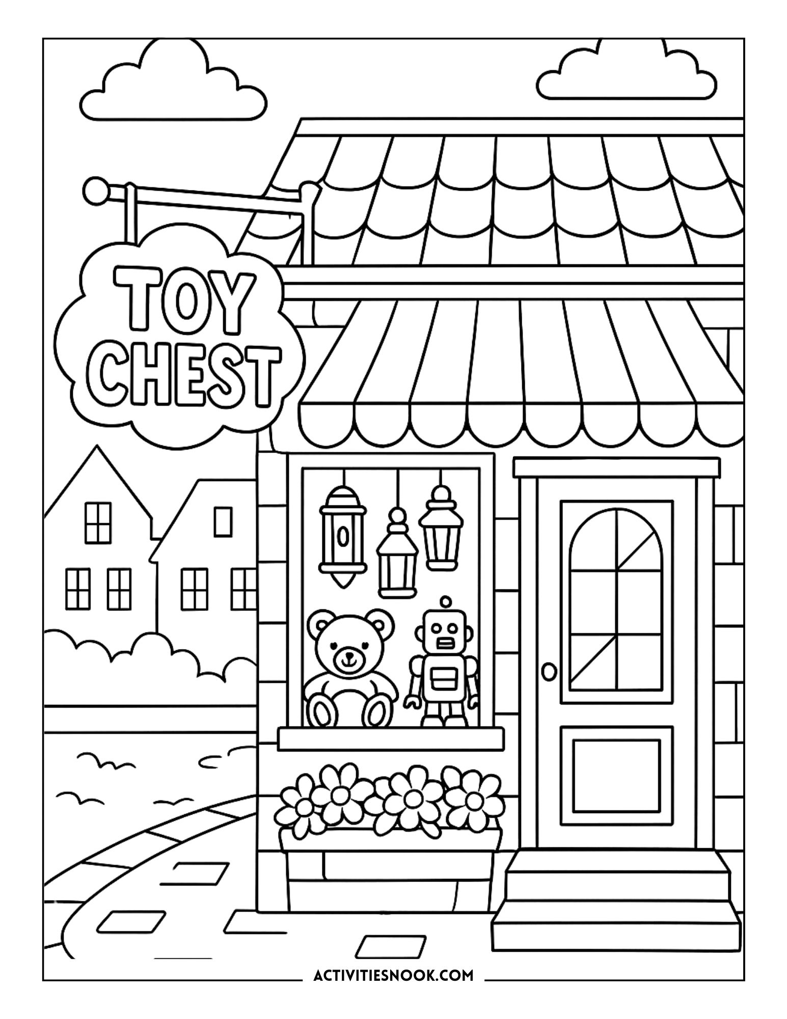 Coloring page illustration of a toy shop with a sign that reads 'Toy Chest' and toys displayed in the window.