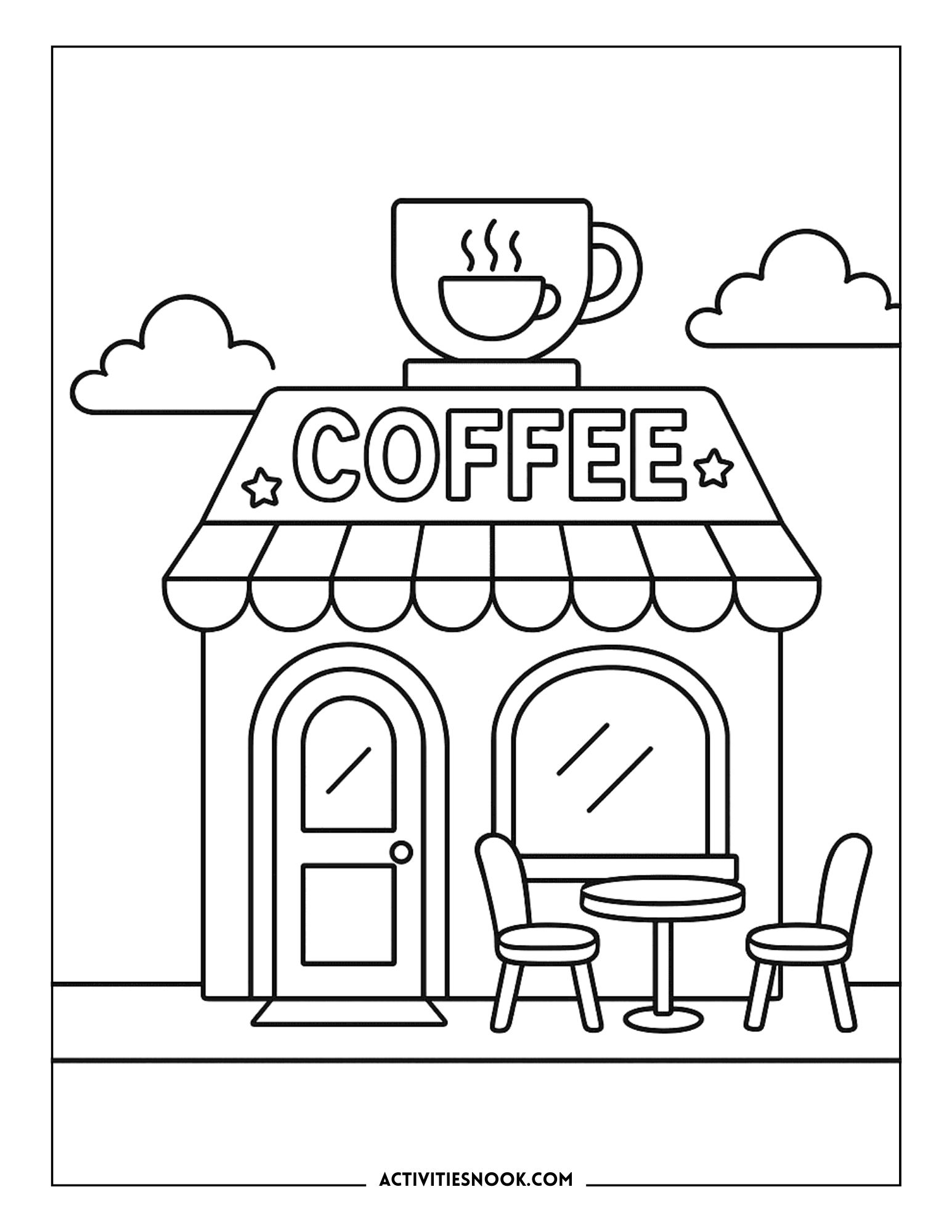 Black and white coloring page of a coffee shop with a cup on the roof and outdoor seating.