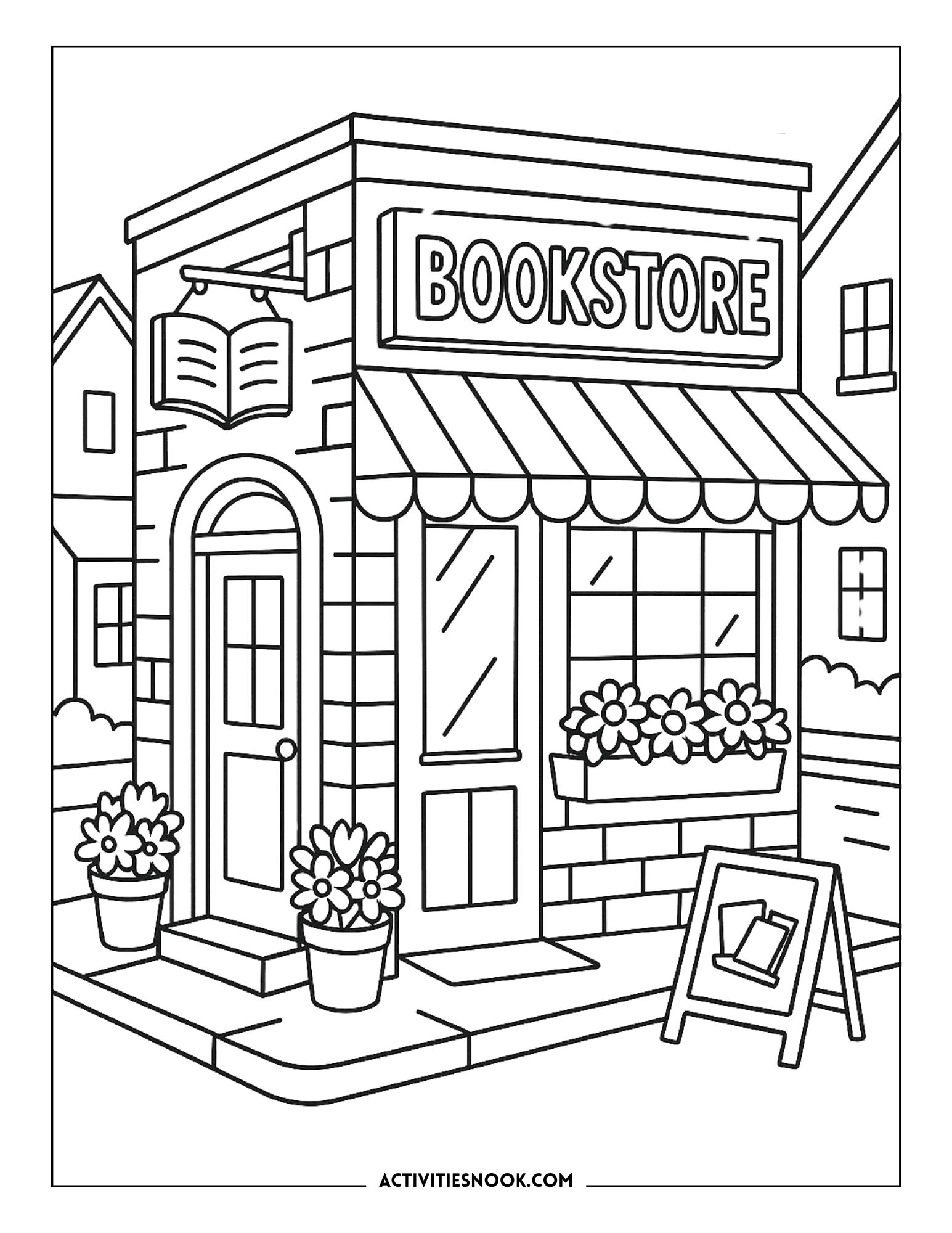 Coloring page of a bookstore with flowers and an open book sign, featuring a detailed storefront design.