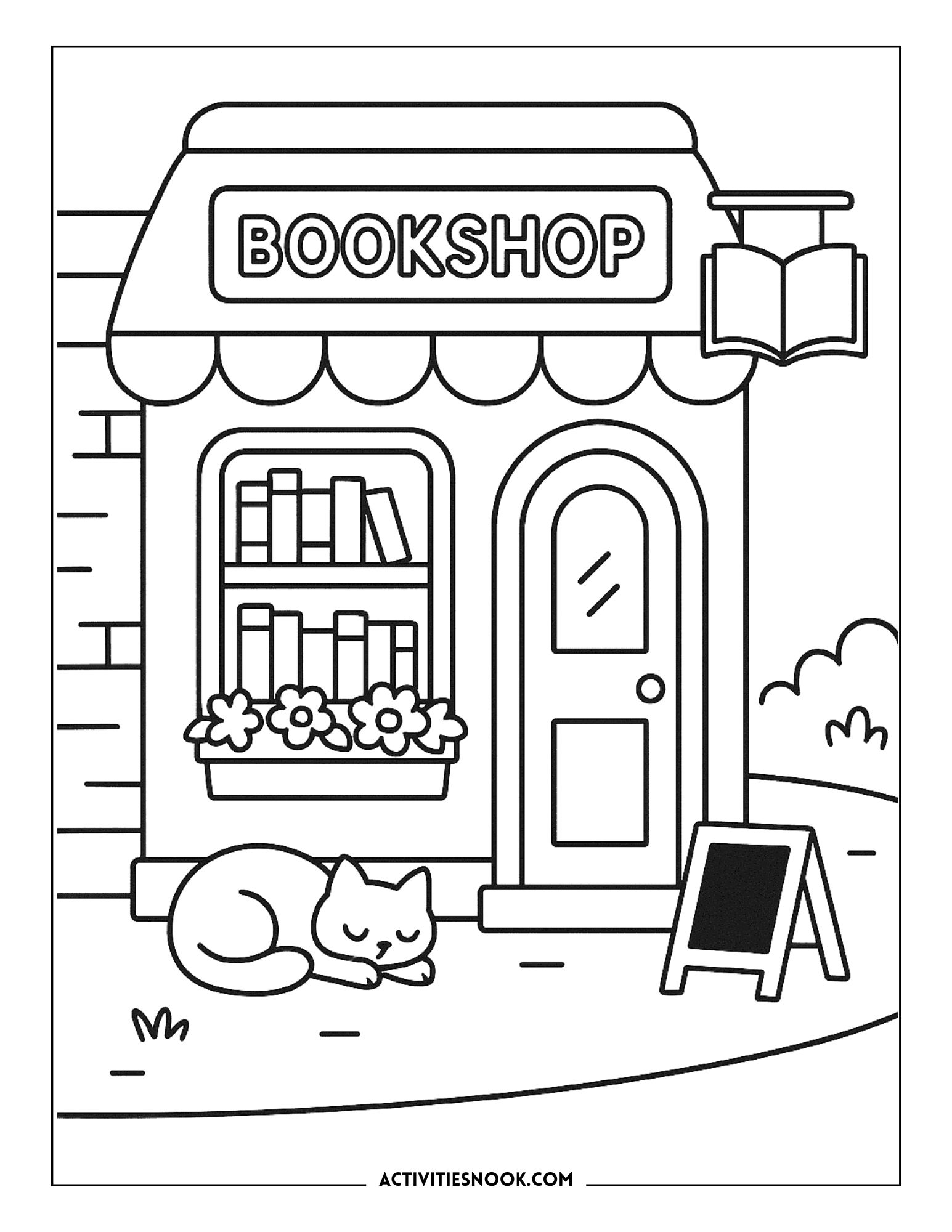 Coloring page of a bookshop with a sleeping cat and a signboard outside.
