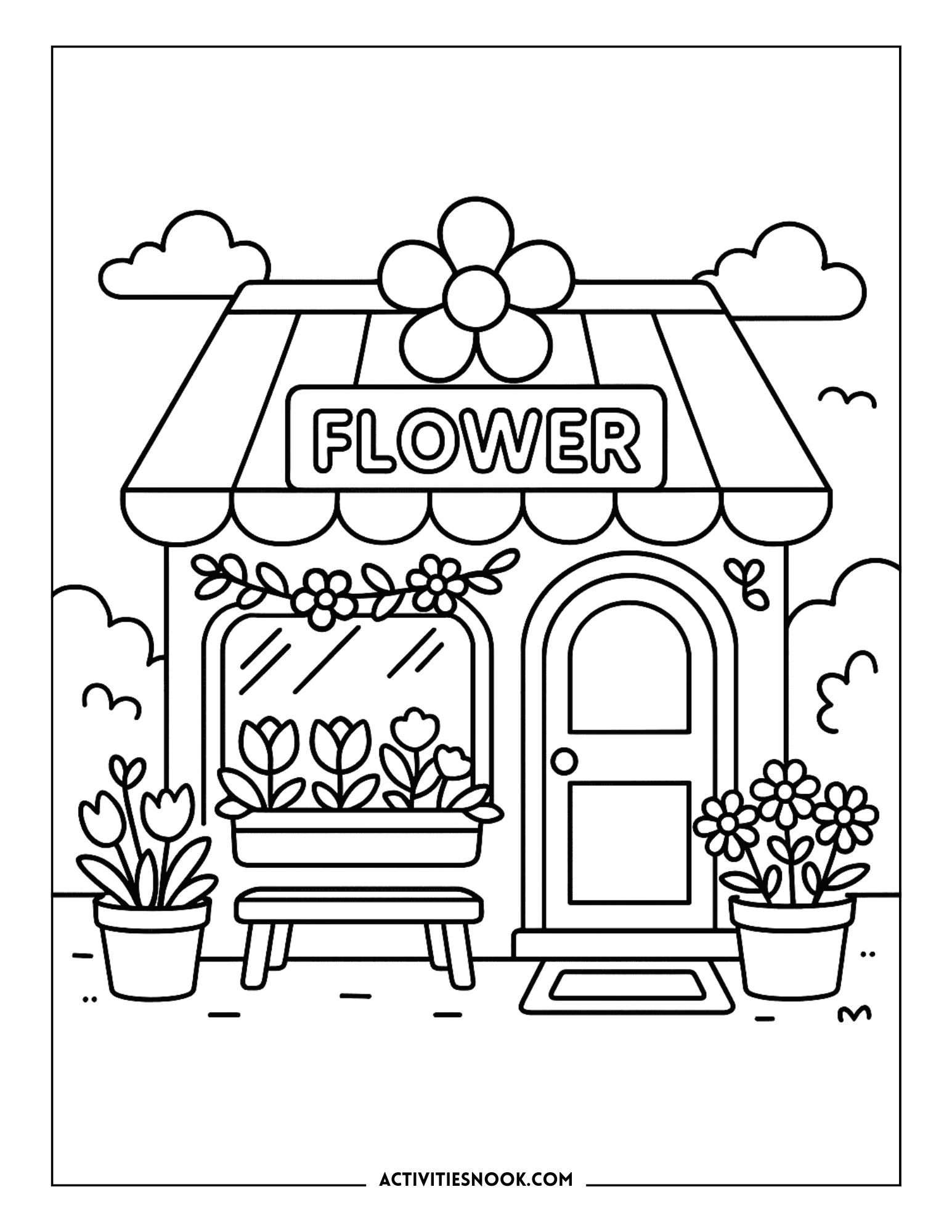 Black and white coloring page of a flower shop with a sign, flowers, and a bench.