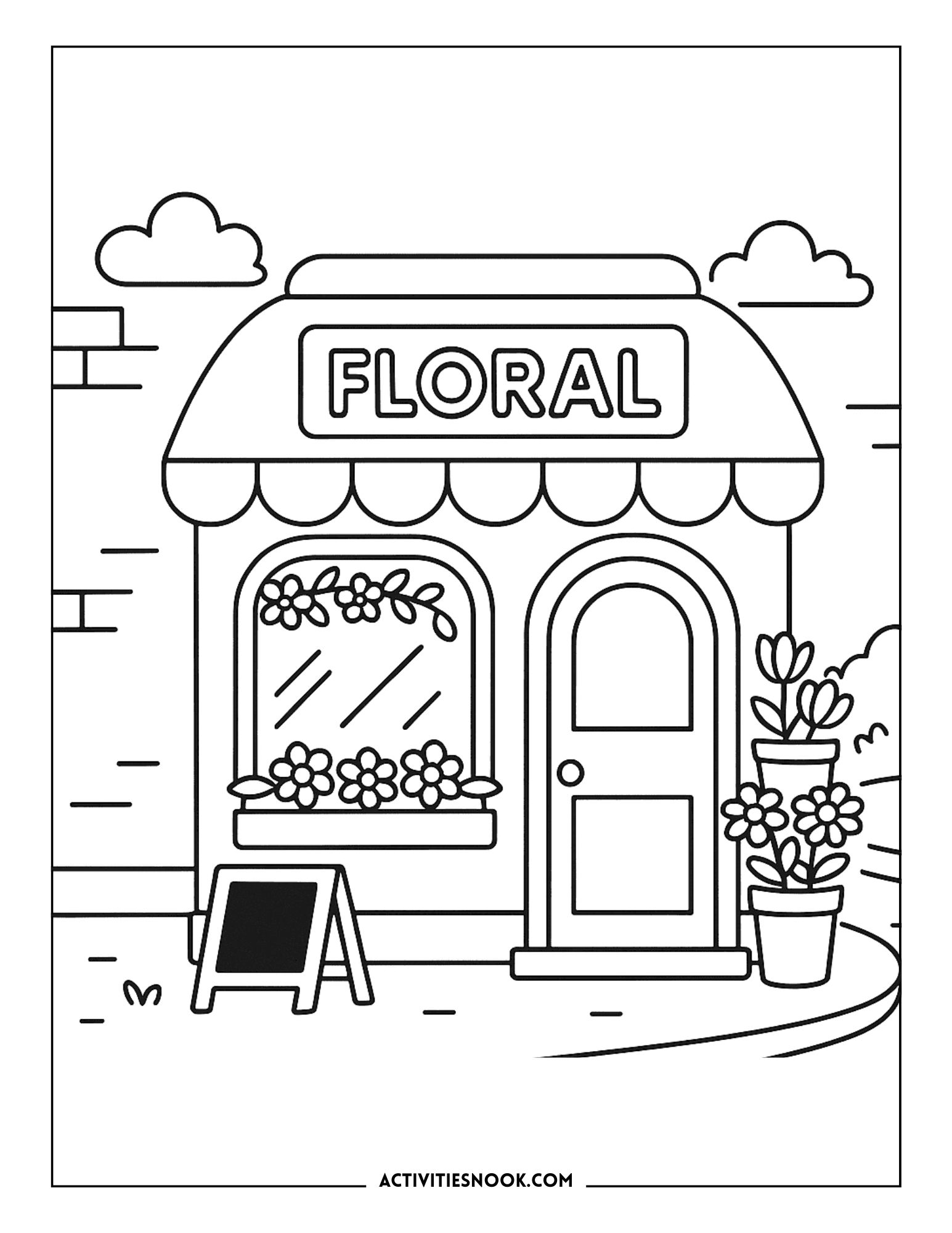 Black and white coloring page of a floral shop with a sign and flower pots.